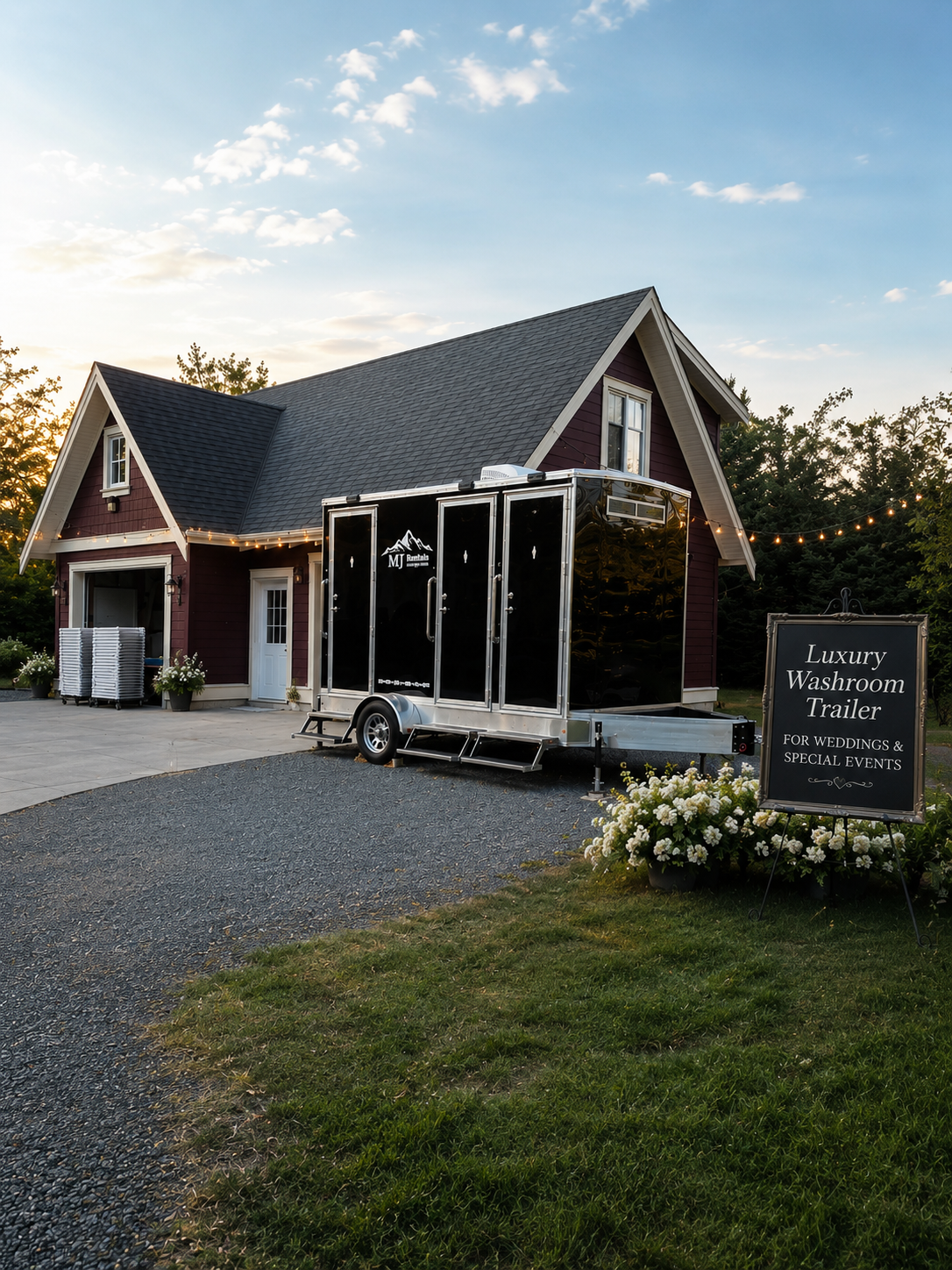 Luxury washroom trailer parked outside a house with a sign that reads 'Luxury Washroom Trailer for Weddings & Special Events' and potted flowers nearby.
