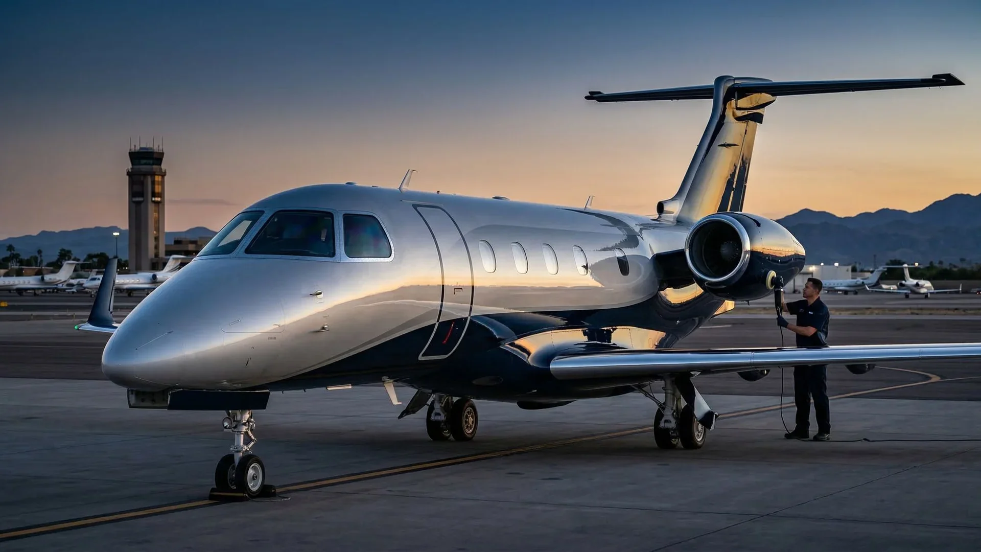 A private jet on the airport tarmac during sunset with a person fueling it, mountains in the background, and the airport control tower visible.