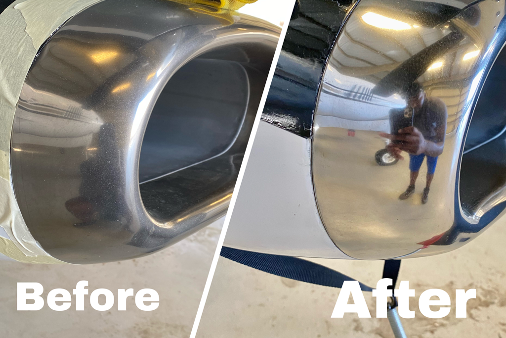 Comparison of a car muffler before and after polishing or cleaning. The 'before' side shows a dull, scratched surface, while the 'after' side is shiny and reflective.