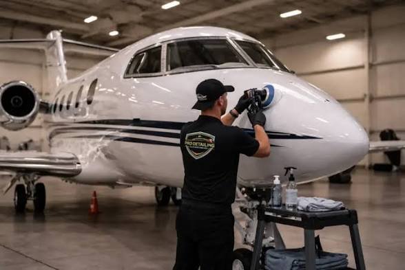 Private jet undergoing aircraft polishing and ceramic coating by Sterling Aero Detailing, serving YVR