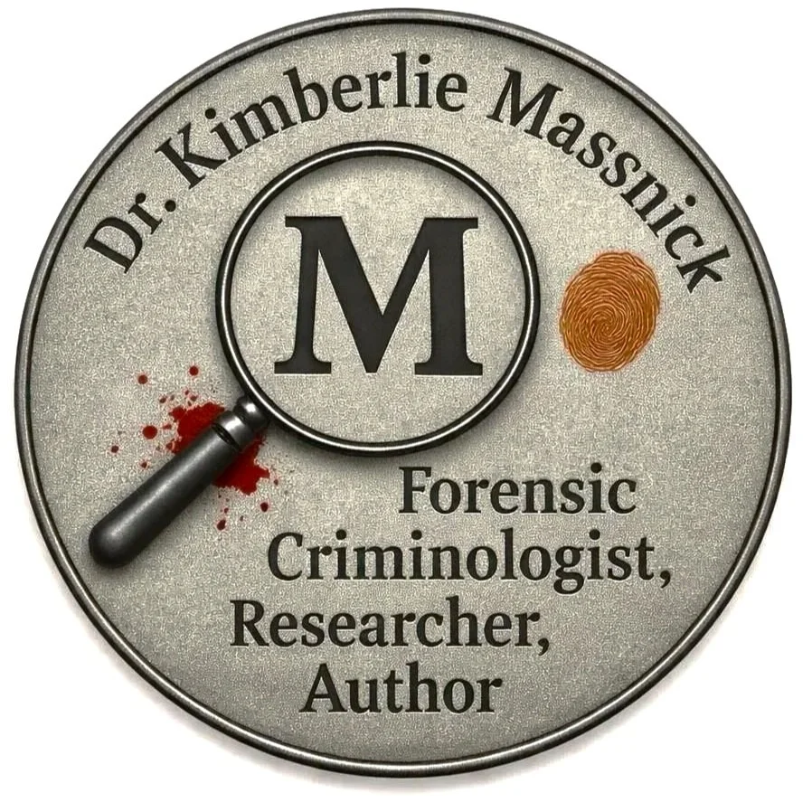 A circular badge with the text "Dr. Kimberlie Massick, Forensic Criminologist, Researcher, Author". The badge features a large letter "M" in the center, a fingerprint graphic, a magnifying glass with blood splatter, and a fingerprint icon.