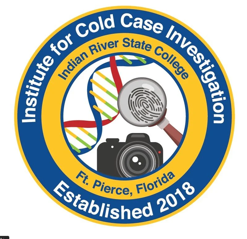 Logo of the Institute for Cold Case Investigation at Indian River State College in Fort Pierce, Florida, featuring a DNA double helix, magnifying glass with fingerprint, and camera, established in 2018.