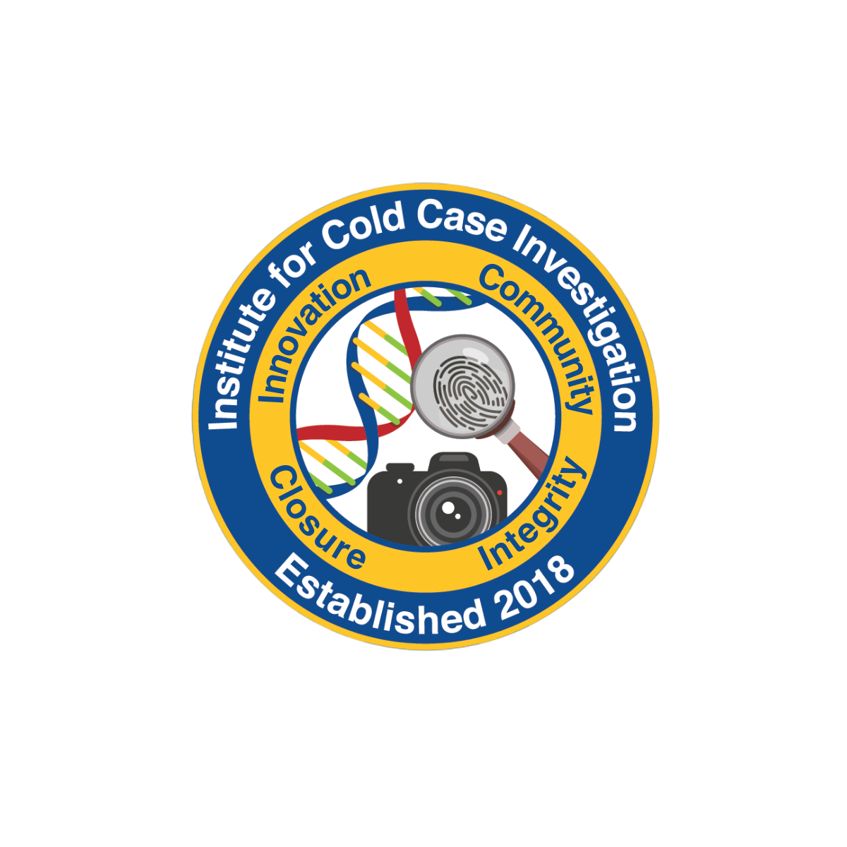 Logo of the Institute for Cold Case Investigation featuring DNA, fingerprint, camera, and words 'Innovation, Community, Closure, Integrity,' established 2018.