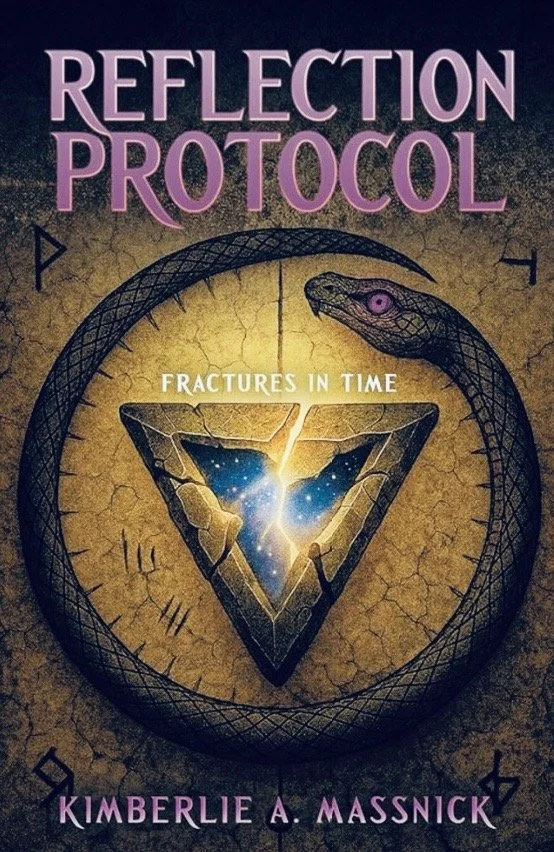 Book cover titled 'Reflection Protocol' by Kimberlie A. Massnick. Features a snake coiled around a cracked triangular symbol with a glowing center, set against an aged clock face background with Roman numerals.