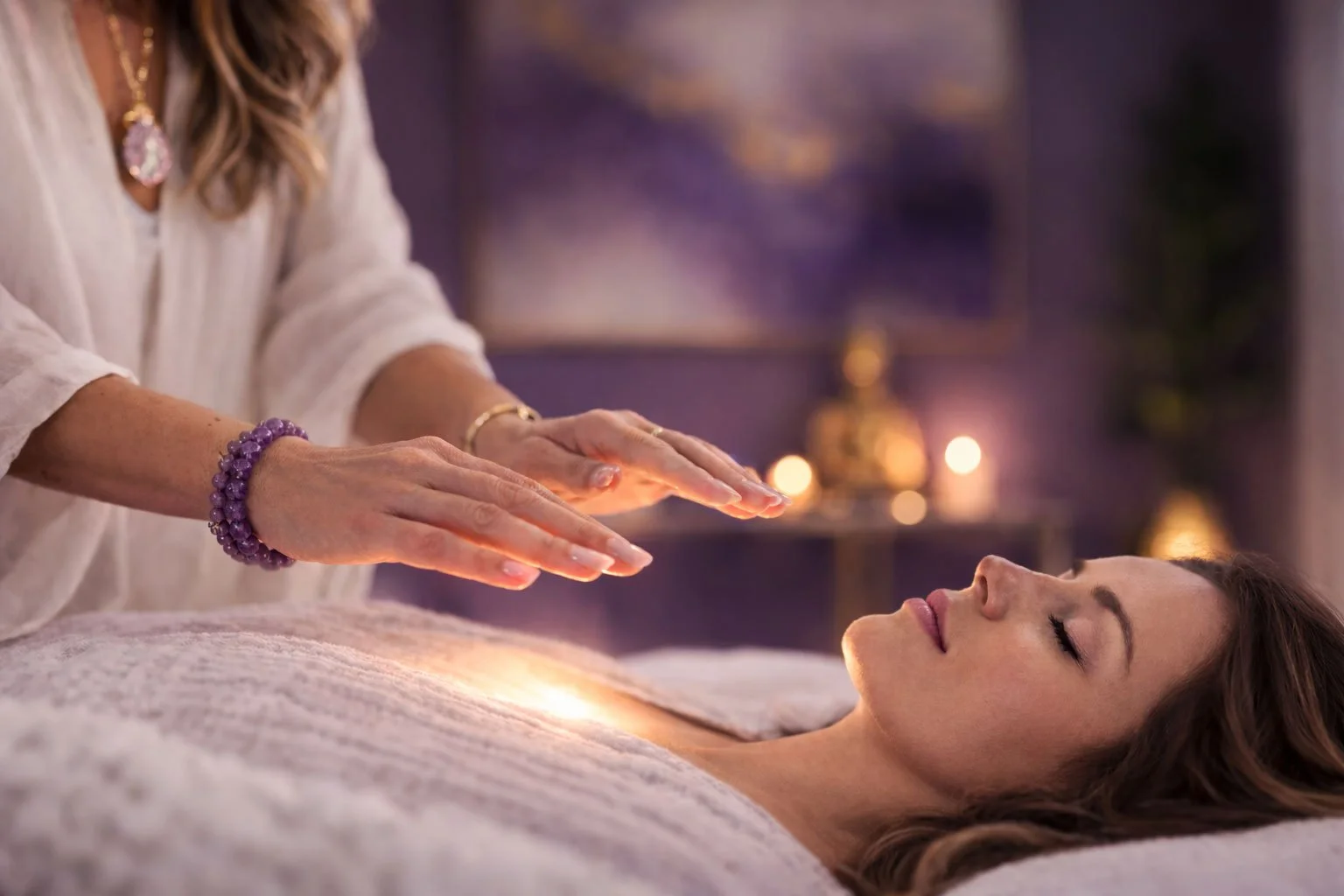 A woman lying on a massage table receiving a Reiki or energy healing treatment from a practitioner. The practitioner's hands are hovering over her chest and abdomen, and the setting is warm and relaxing with candles in the room.