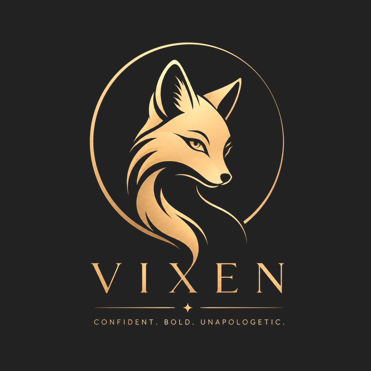 A black background with a gold stylized fox head logo inside a circle, and the word 'VIXEN' in gold beneath it. Below 'VIXEN' are the words 'Confident. Bold. Unapologetic.' in gold.