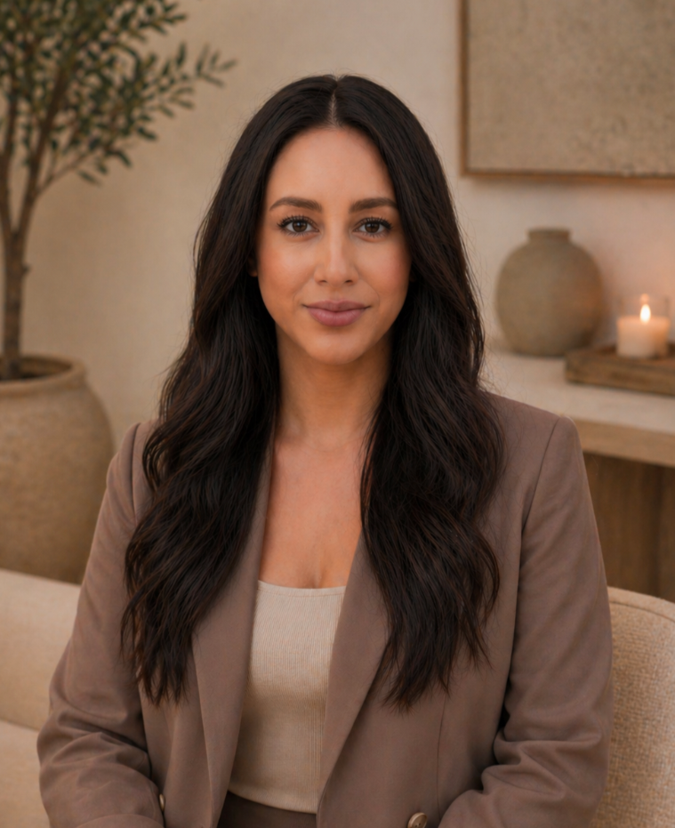 A woman with long dark hair, wearing a beige blazer over a light-colored top, sitting indoors with a neutral background that includes a plant, candles, and decorative vases.