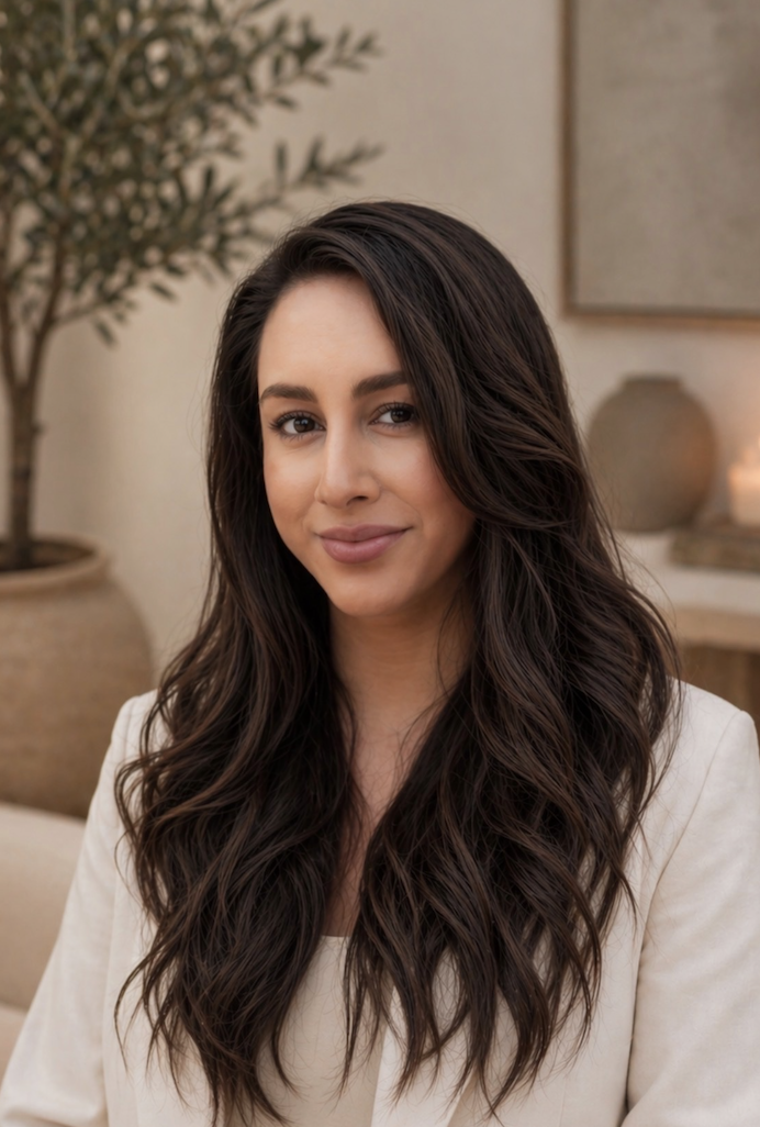 A woman with long, dark wavy hair, wearing a cream blazer, sitting indoors with a blurred background of plants and decor.