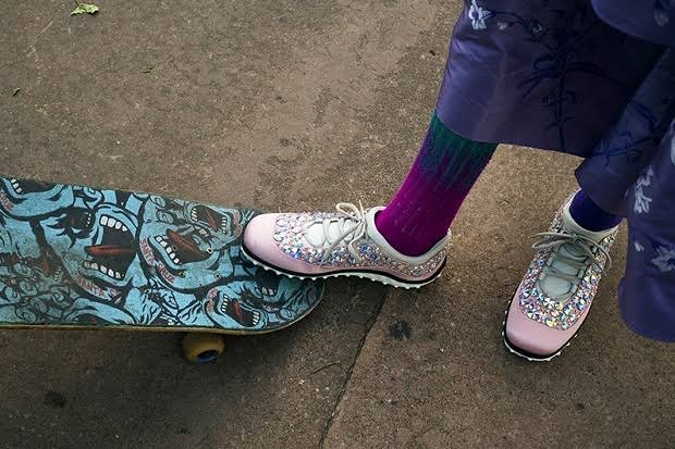 skateboard with high fashion brand shoes miu min