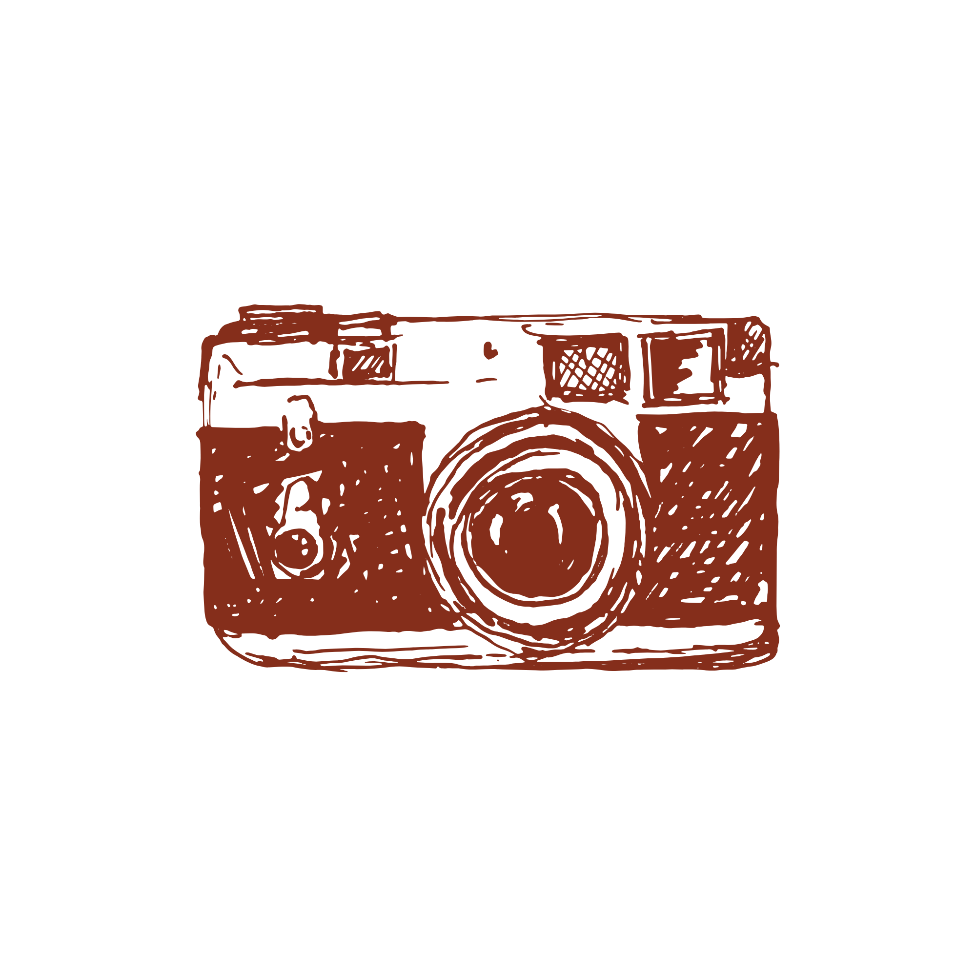 A drawing of a vintage-style camera with a large lens, depicted in red.