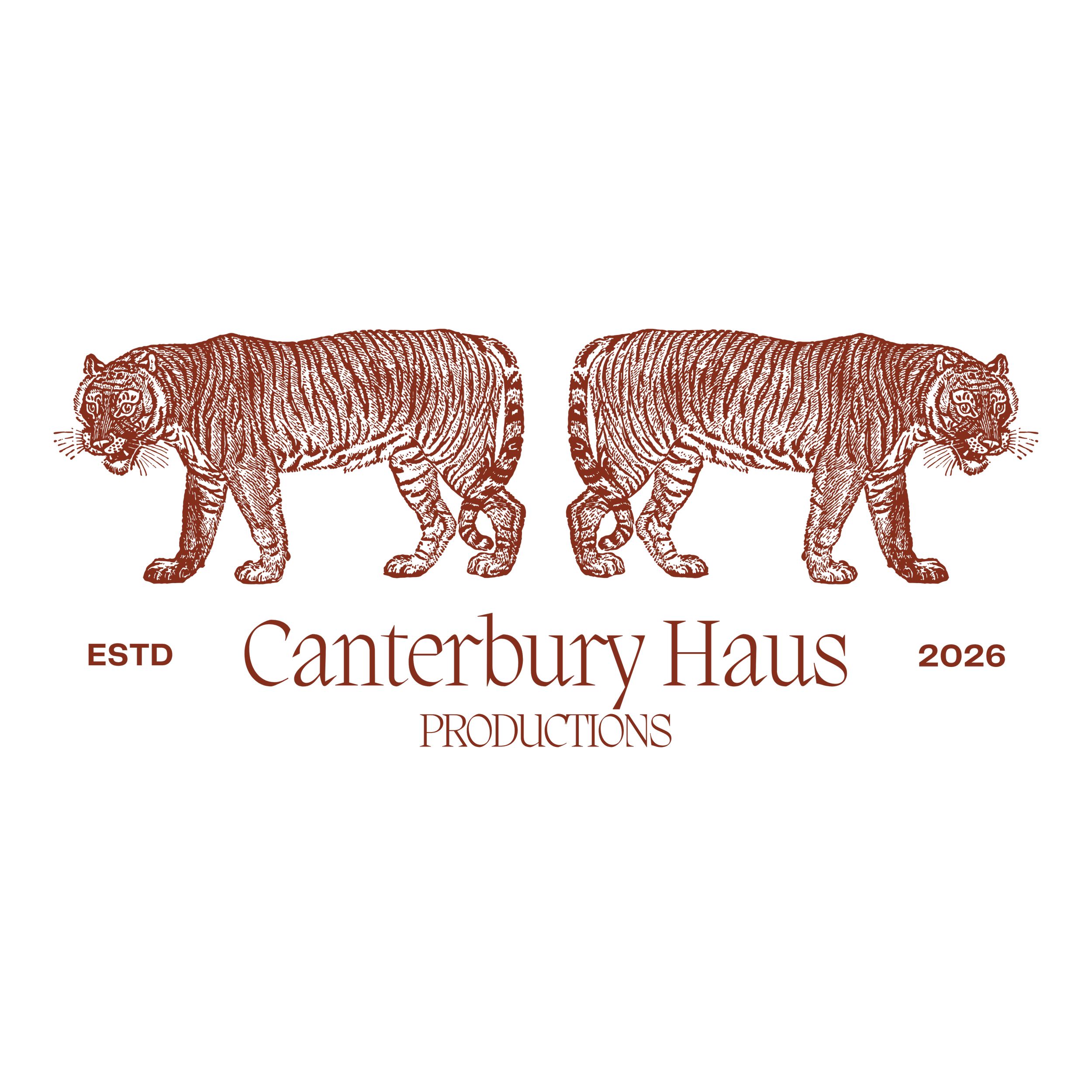 Two red tiger illustrations facing away from each other with text reading Canterbury Haus Productions ESTD 2026