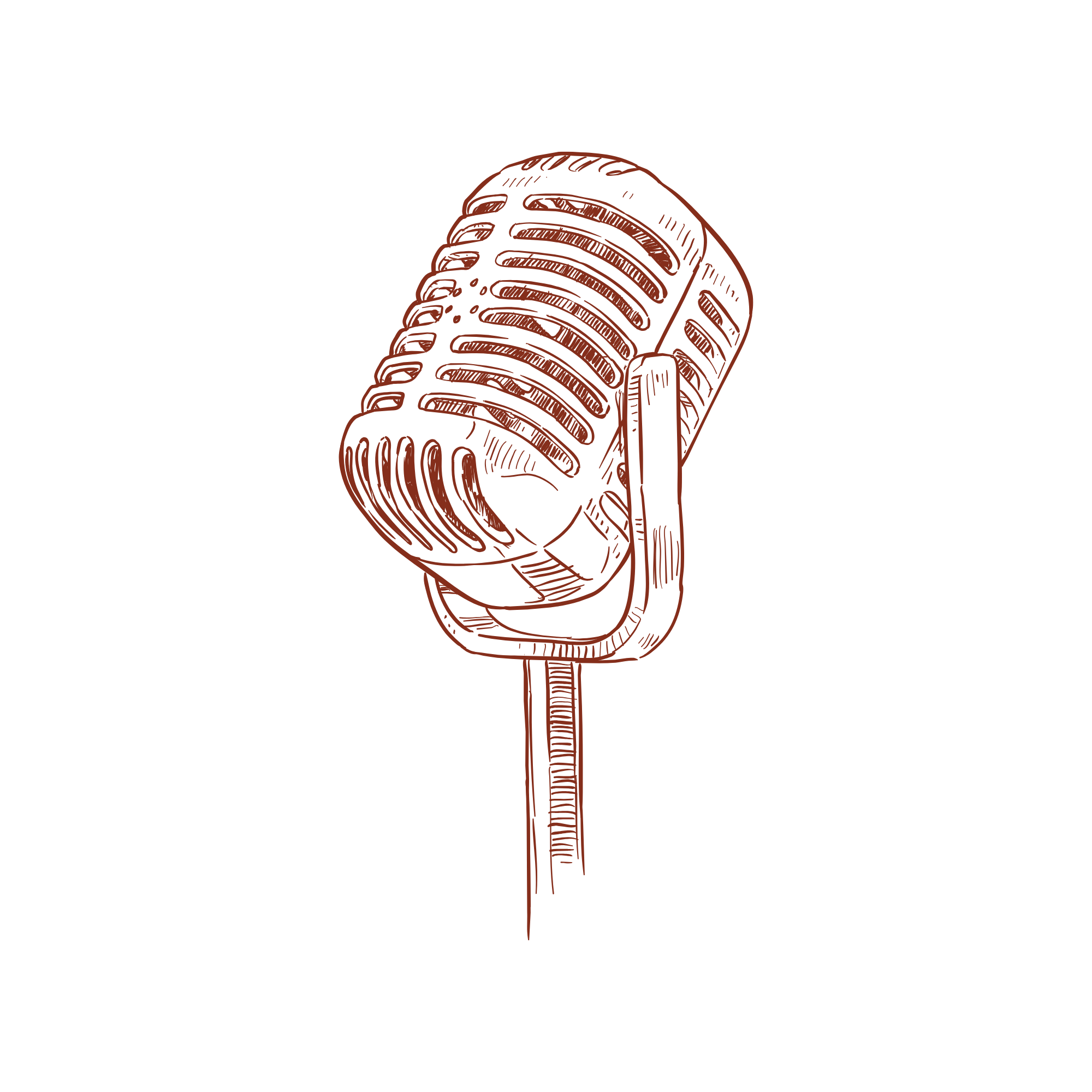 A vintage style drawing of a classic microphone on a stand, depicted in red.