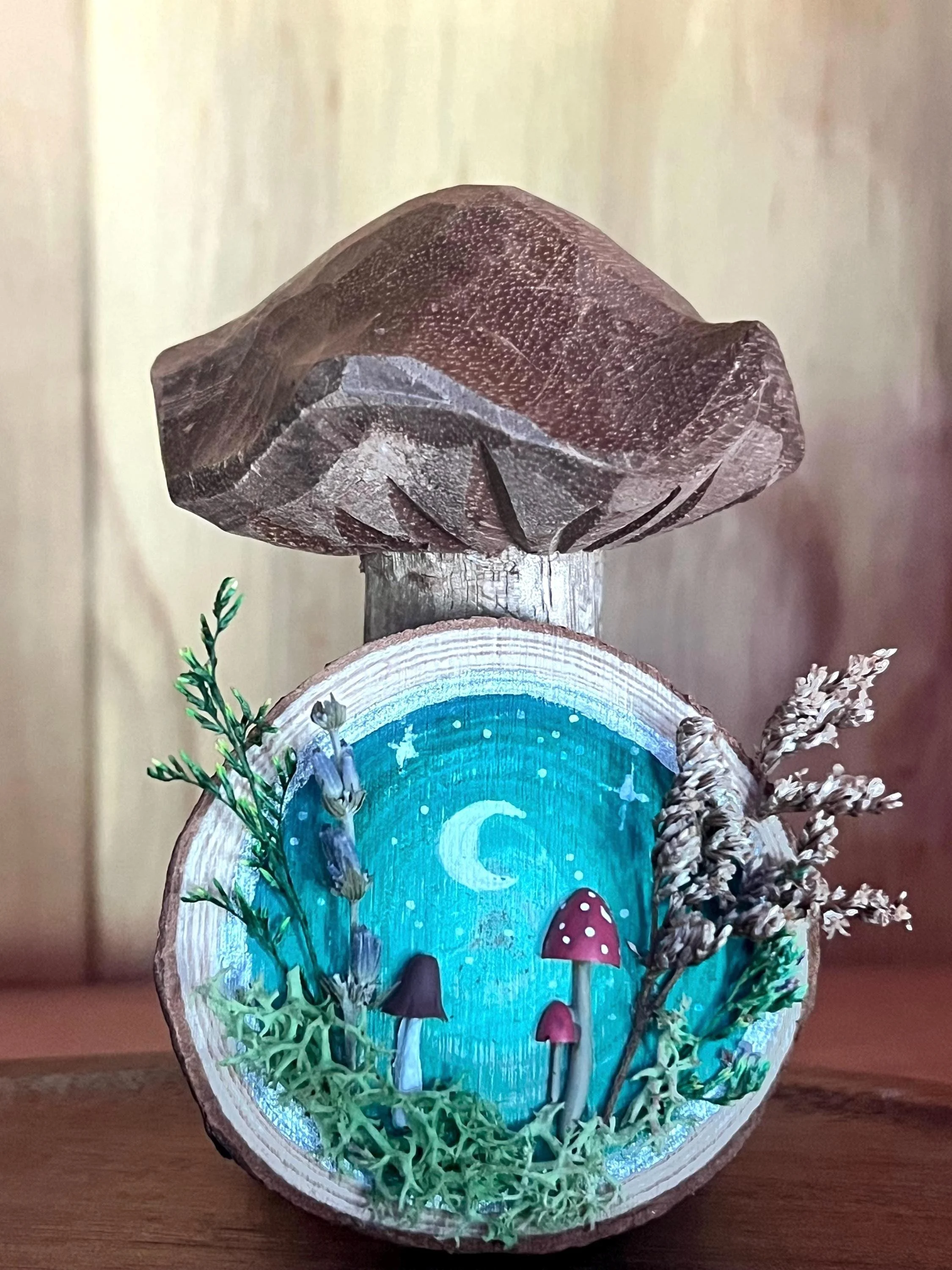 Miniature Mushroom Grove Ornament, Fairycore Wooden Disc Decor, Magnet Included