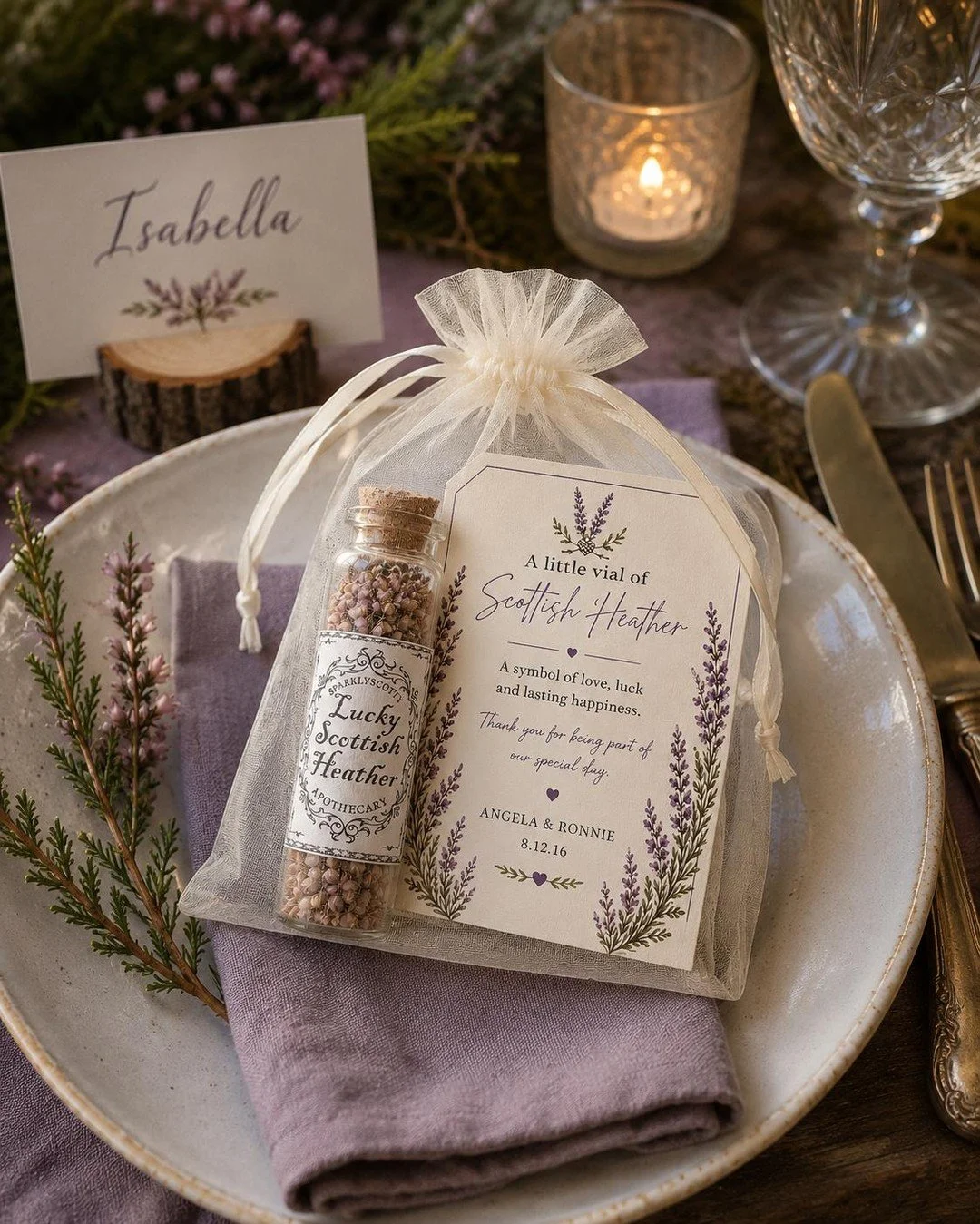 A wee touch of Scottish luck for your big day! My Scottish Lucky Heather Wedding Favours are perfect as Celtic wedding table favours and charming heather vial keepsakes. Click this link for more details or to buy: https://sparklyscottygifts.etsy.com/