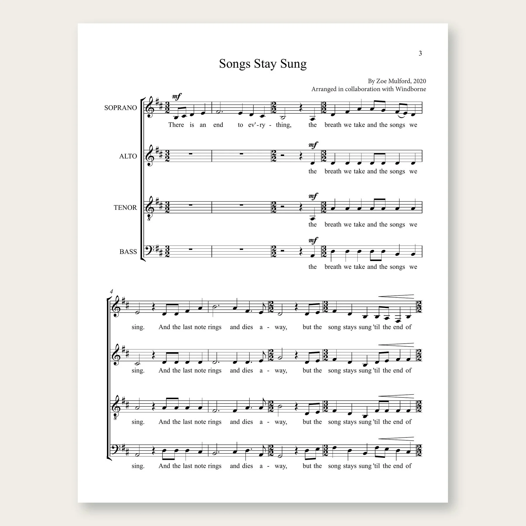 Songs Stay Sung Windborne sheet music arrangement preview