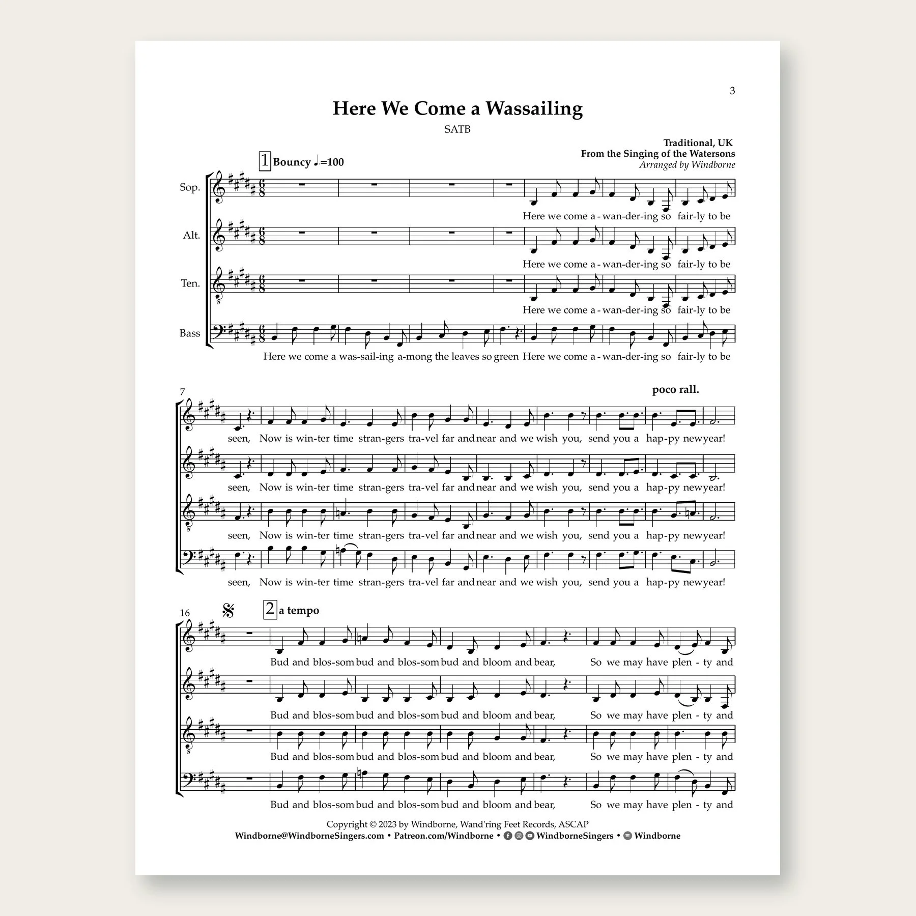 Here We Come A-Wassailing Windborne sheet music arrangement preview