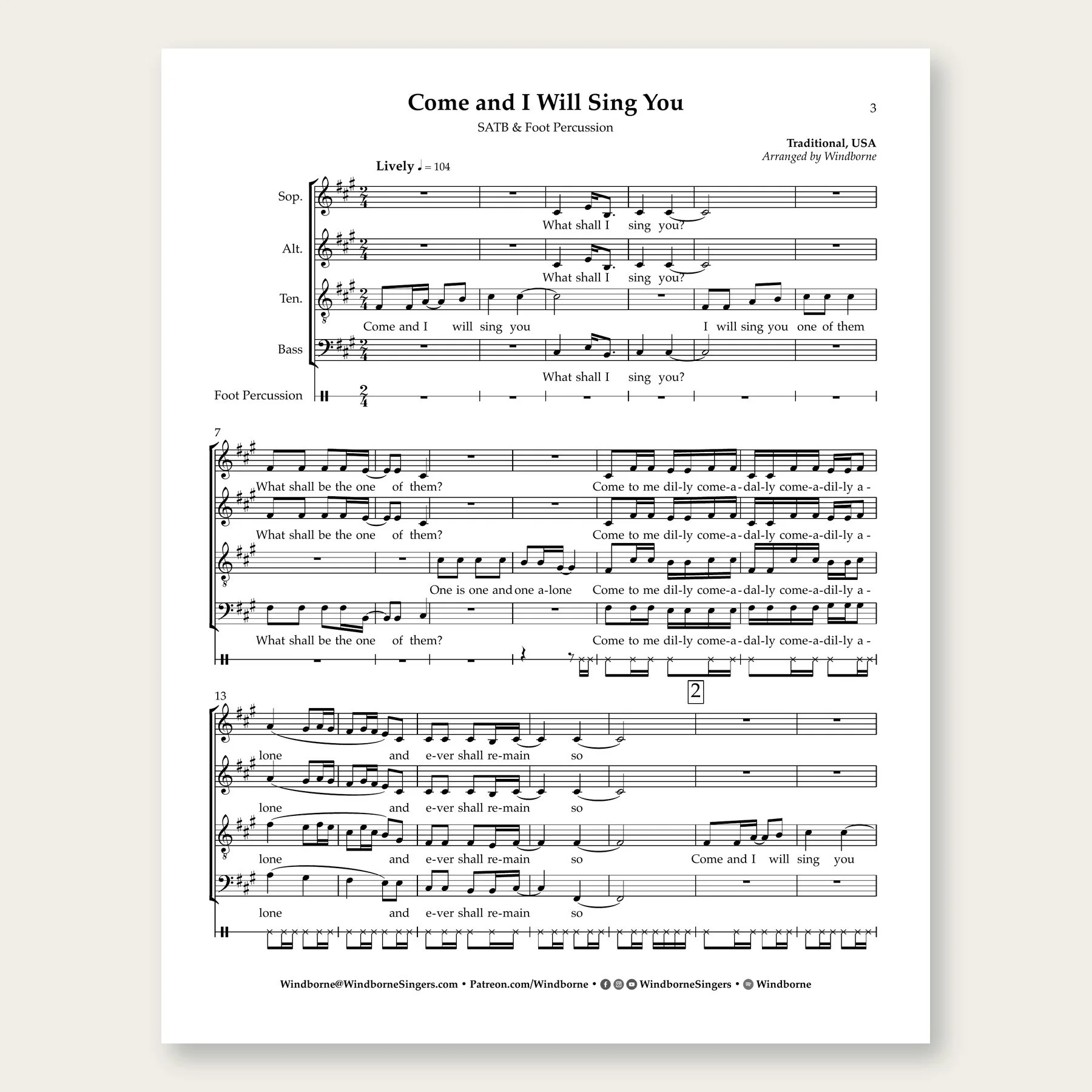 Come and I Will Sing You Windborne sheet music arrangement preview
