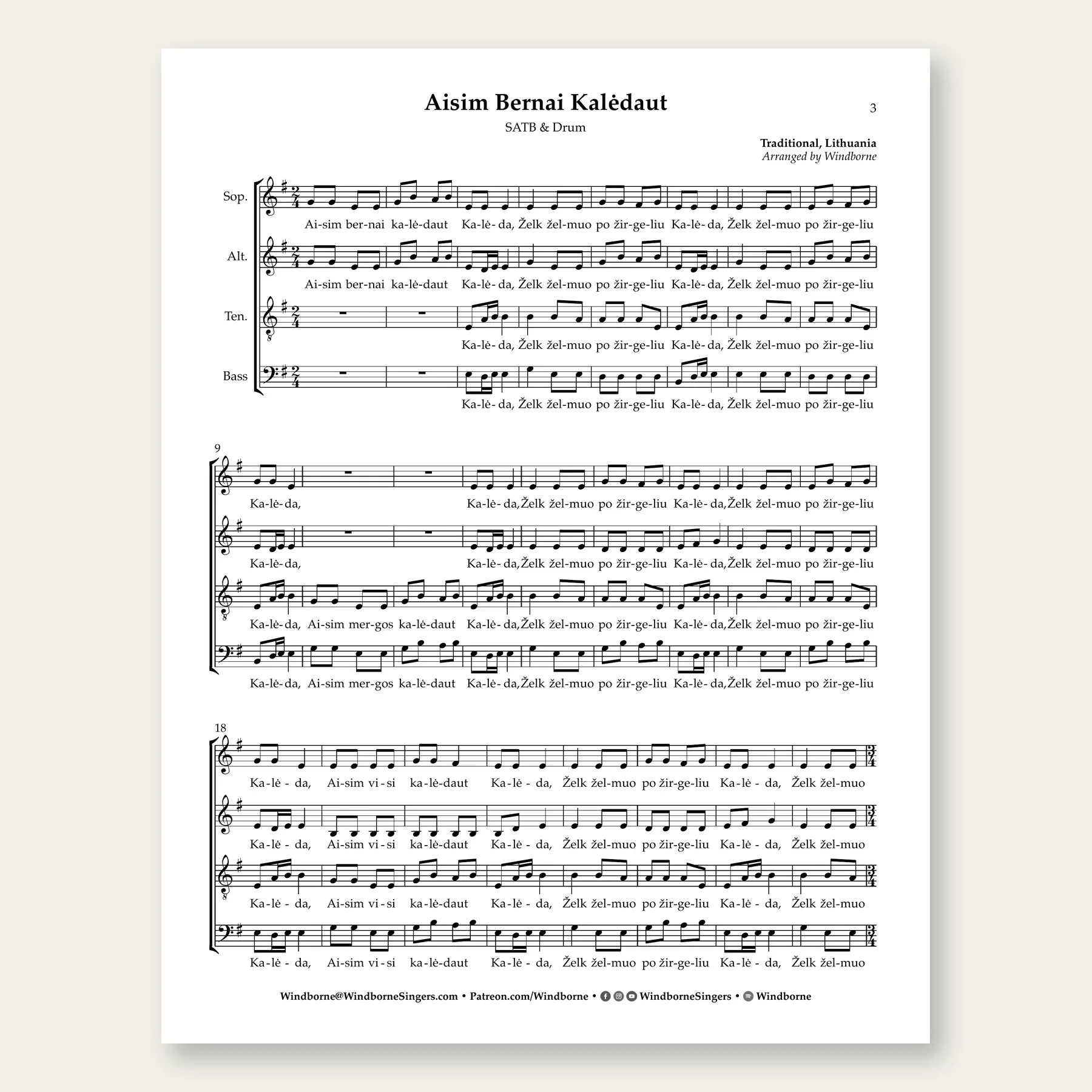 Aisim Bernai Kalėdaut Windborne sheet music arrangement preview