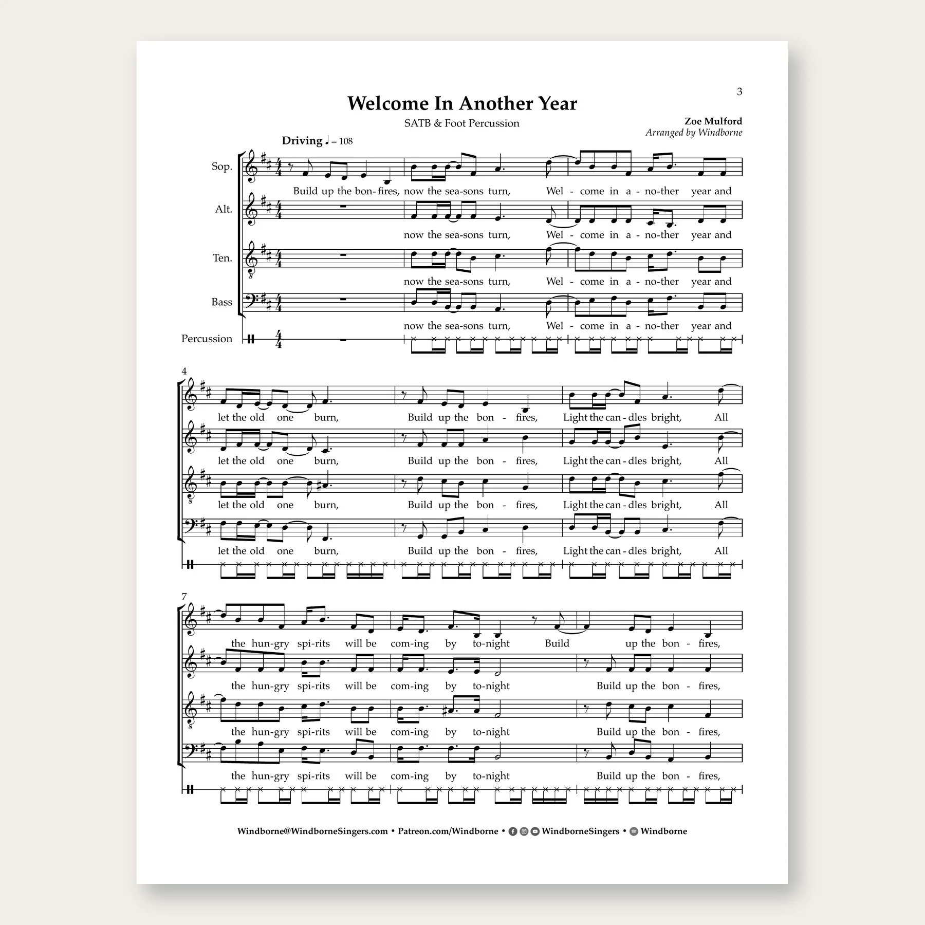 Welcome in Another Year Windborne sheet music arrangement preview