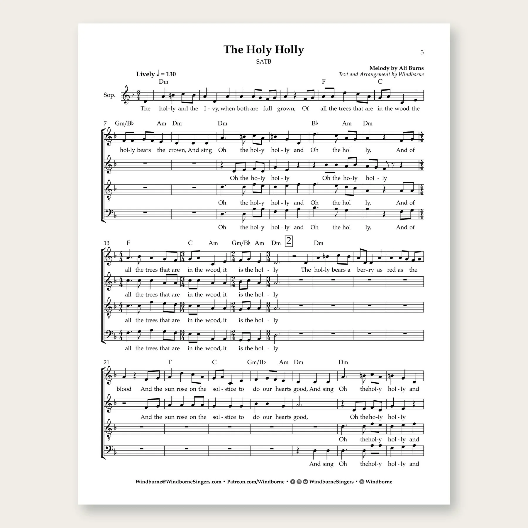The Holy Holly Windborne sheet music arrangement preview