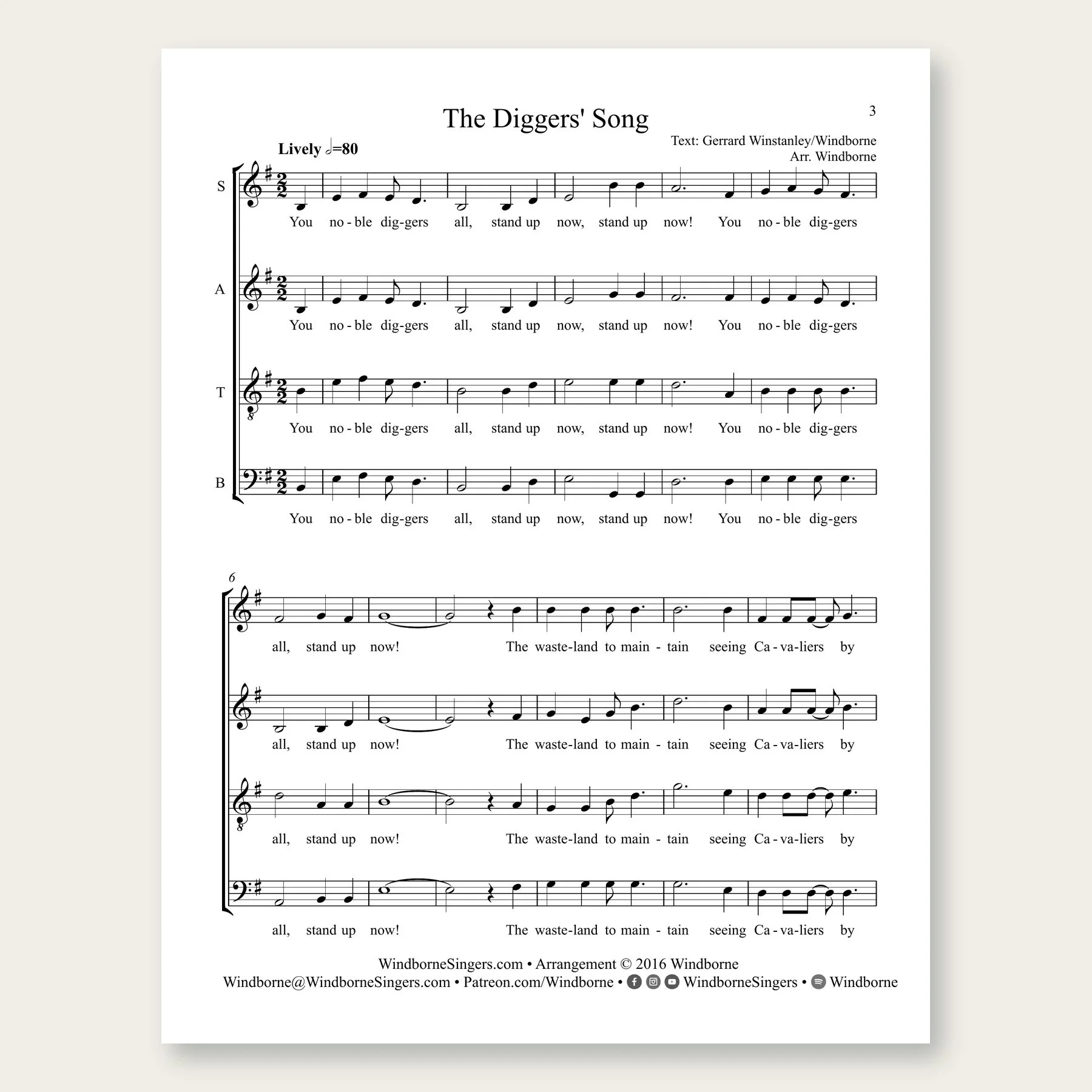 The Diggers' Song Windborne sheet music arrangement preview