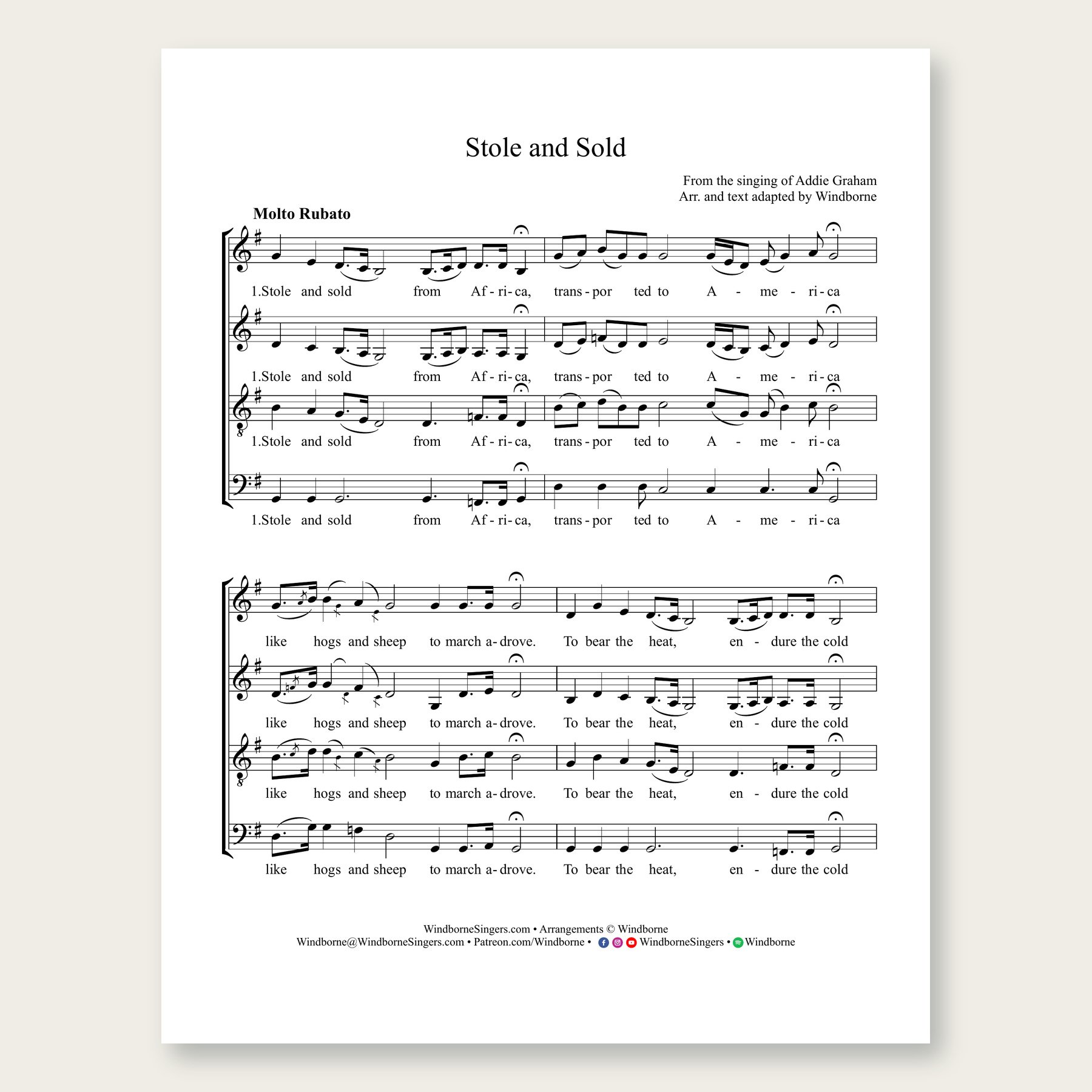 Stole and Sold Windborne sheet music arrangement preview