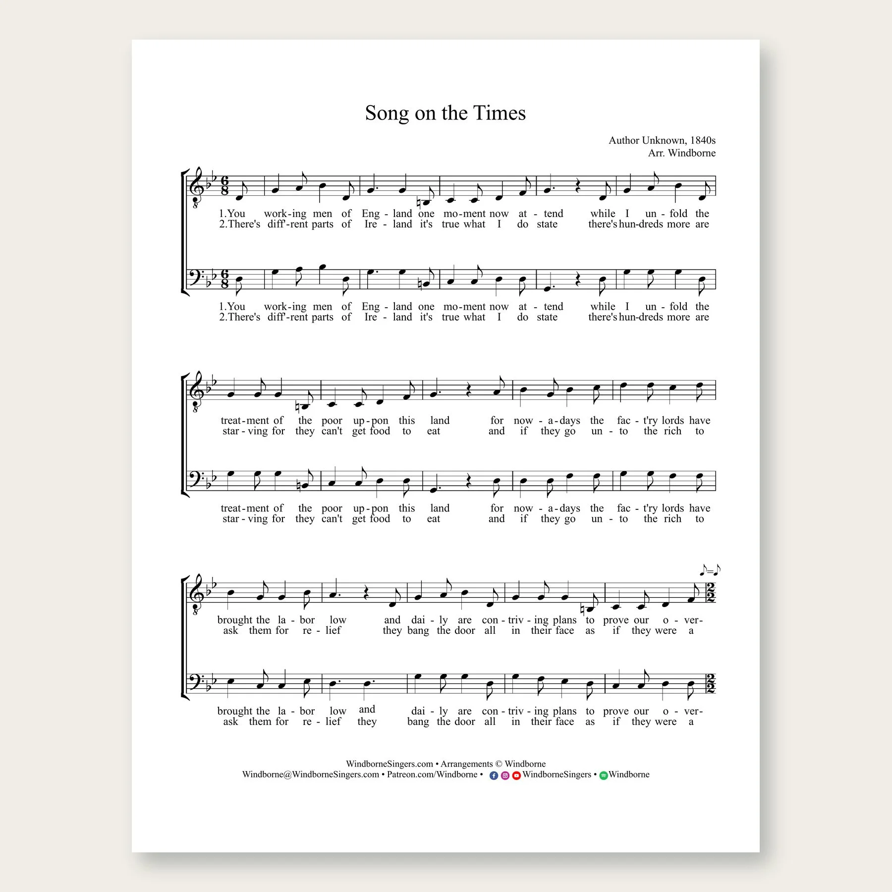 Song on the Times Windborne sheet music arrangement preview