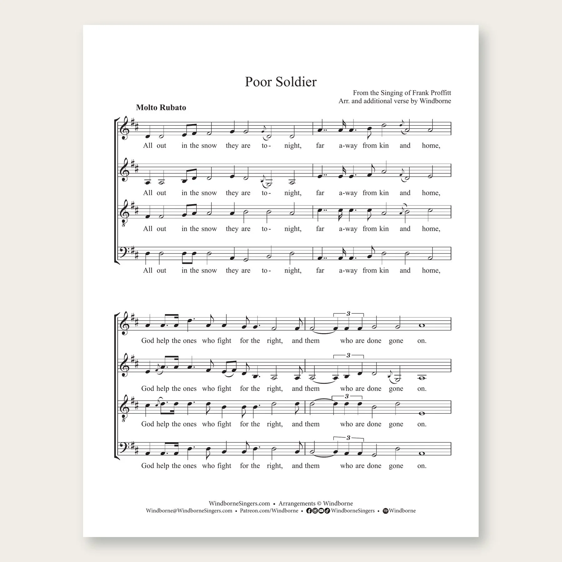 Poor Soldier Windborne sheet music arrangement preview