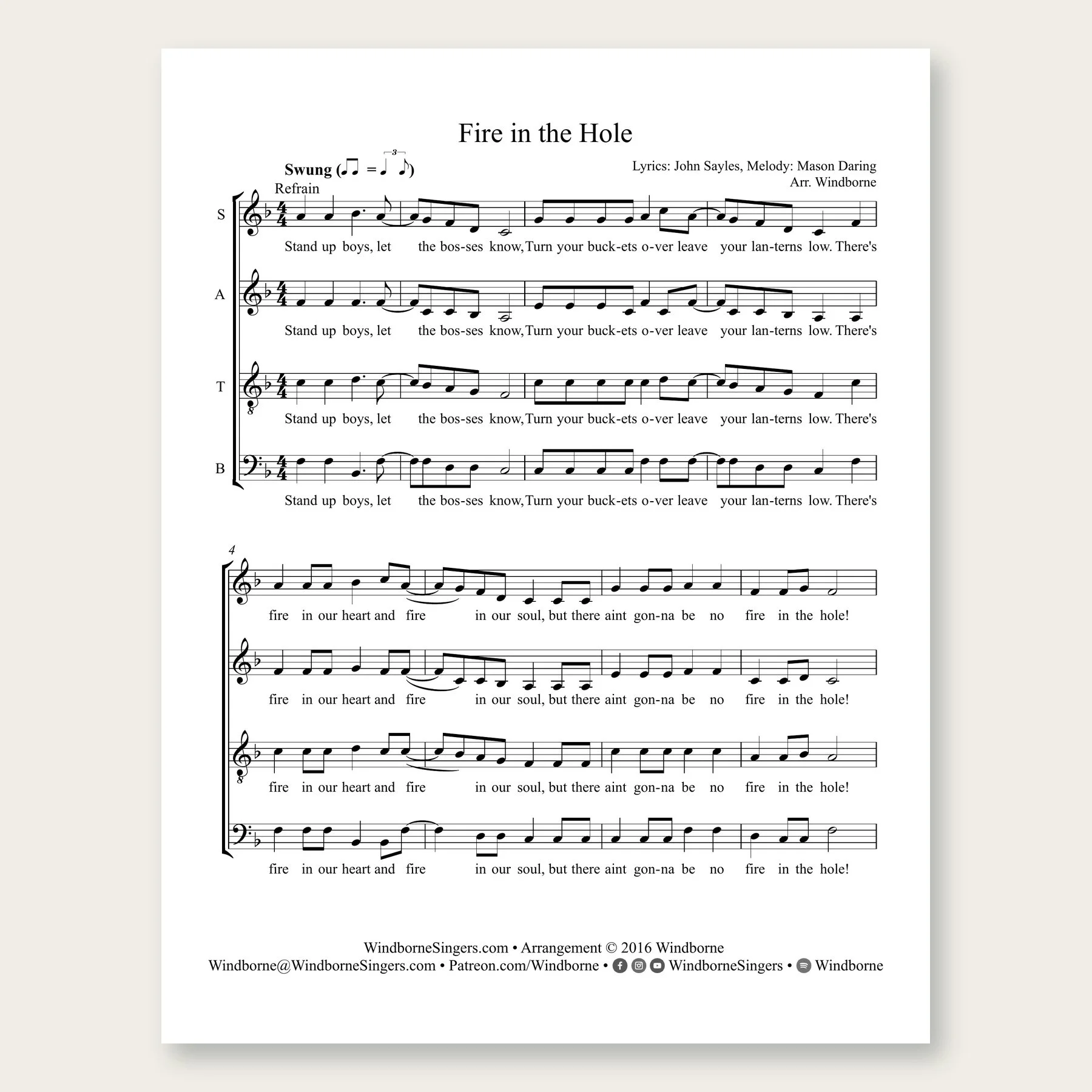 Fire in the Hole Windborne sheet music arrangement preview