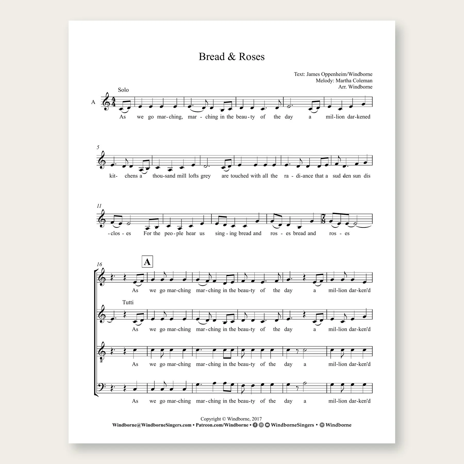 Bread and Roses Windborne sheet music arrangement preview