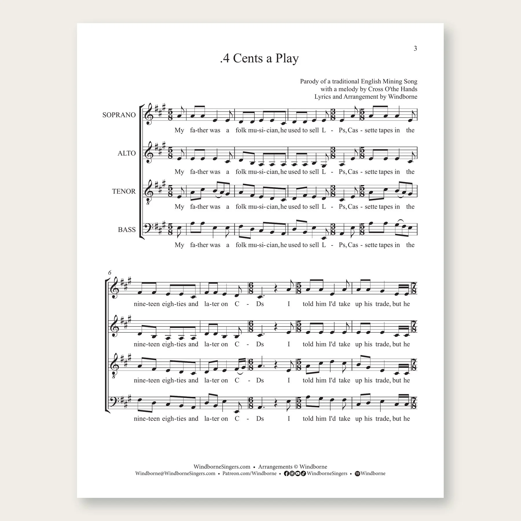 .4 Cents a Play Windborne sheet music arrangement preview