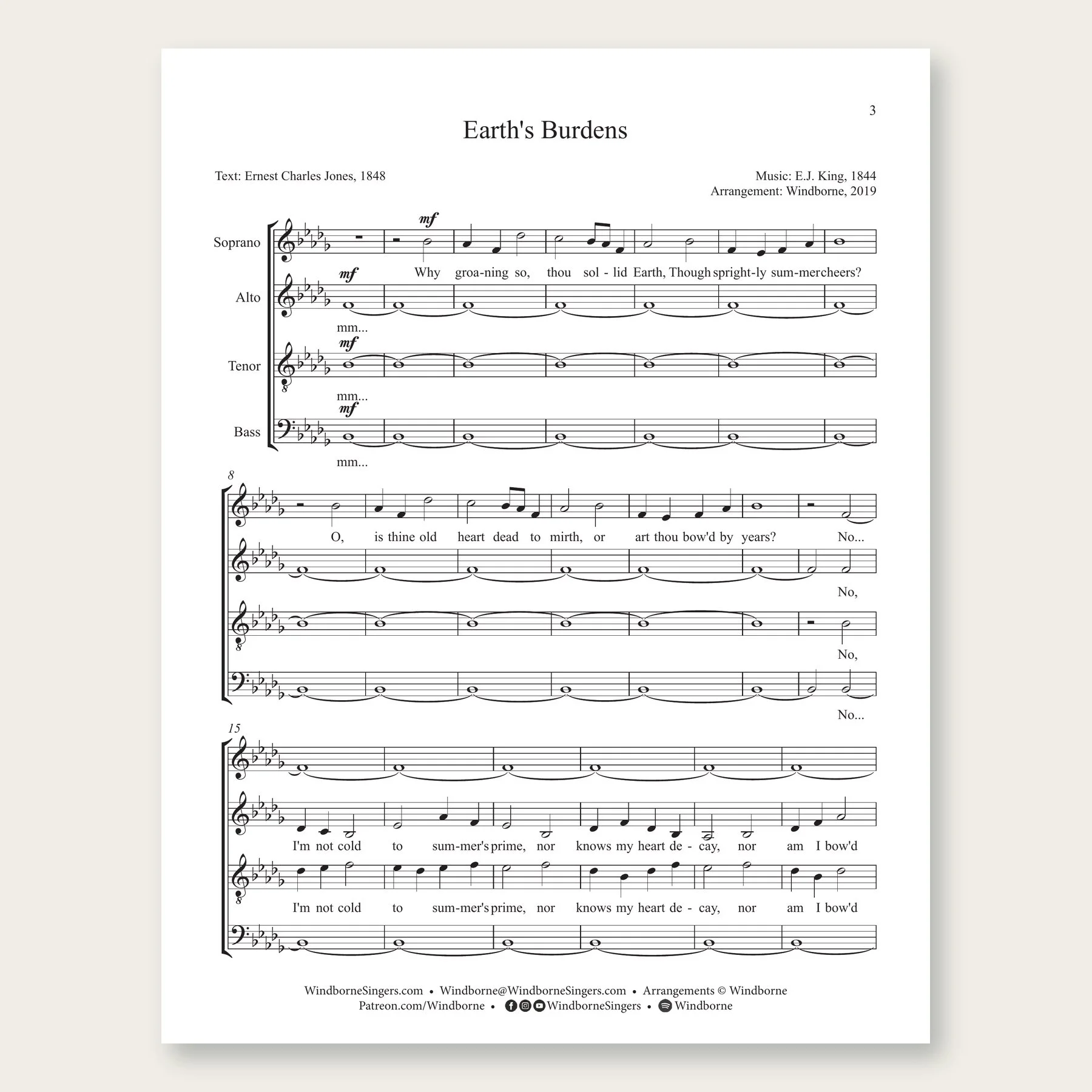Earth's Burdens Windborne sheet music arrangement preview