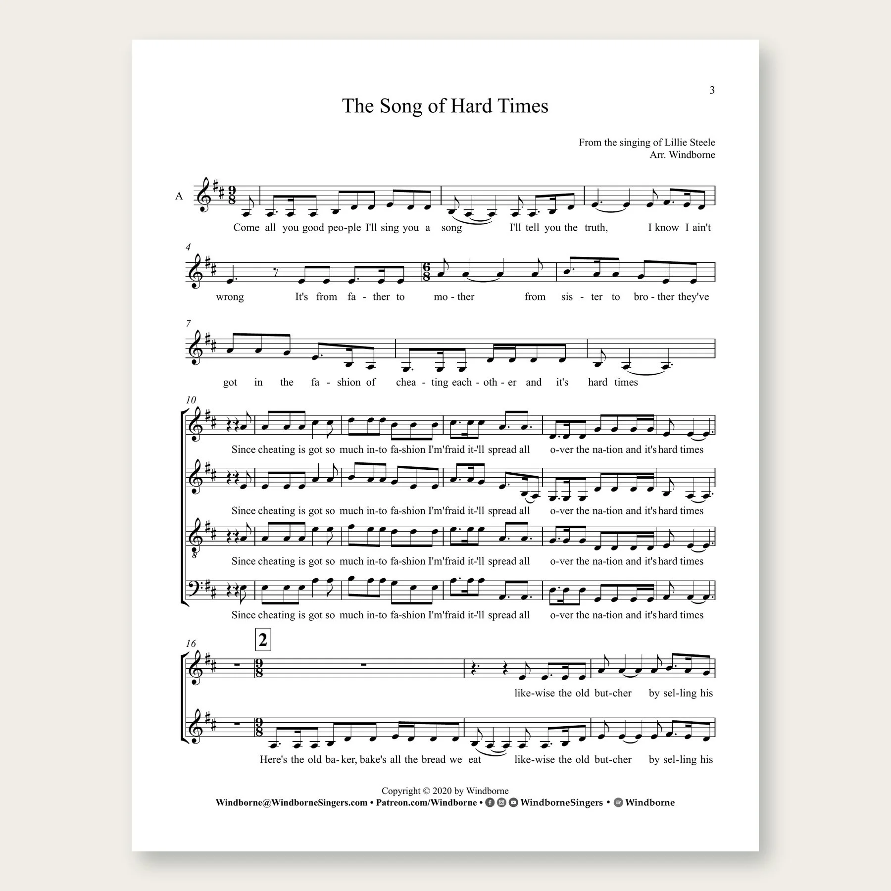 The Song of Hard Times Windborne sheet music arrangement preview