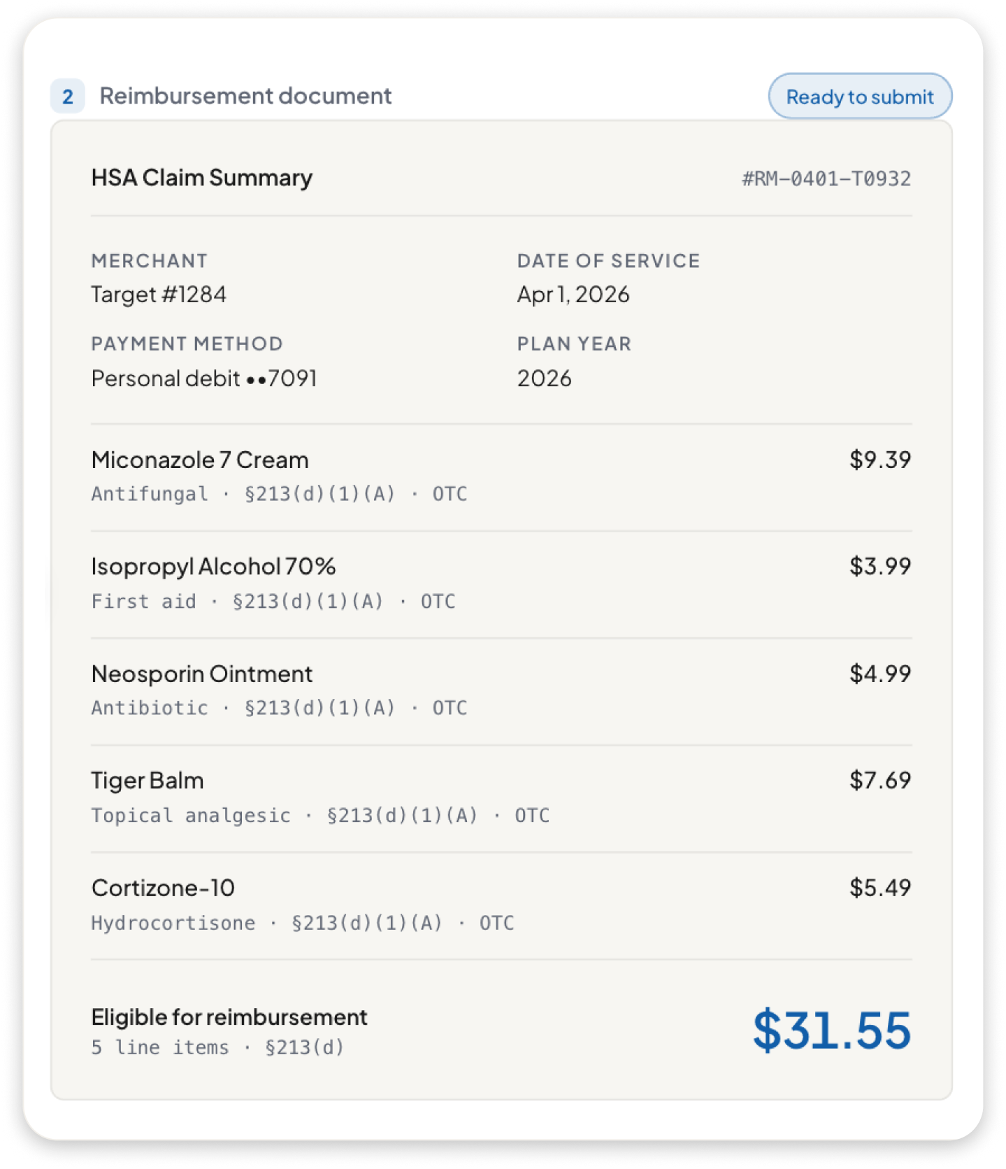A screenshot of a healthcare reimbursement document from ReimburseMate detailing a claim summary for Target, with medication and medical supplies, including prices and total amount of $31.55.
