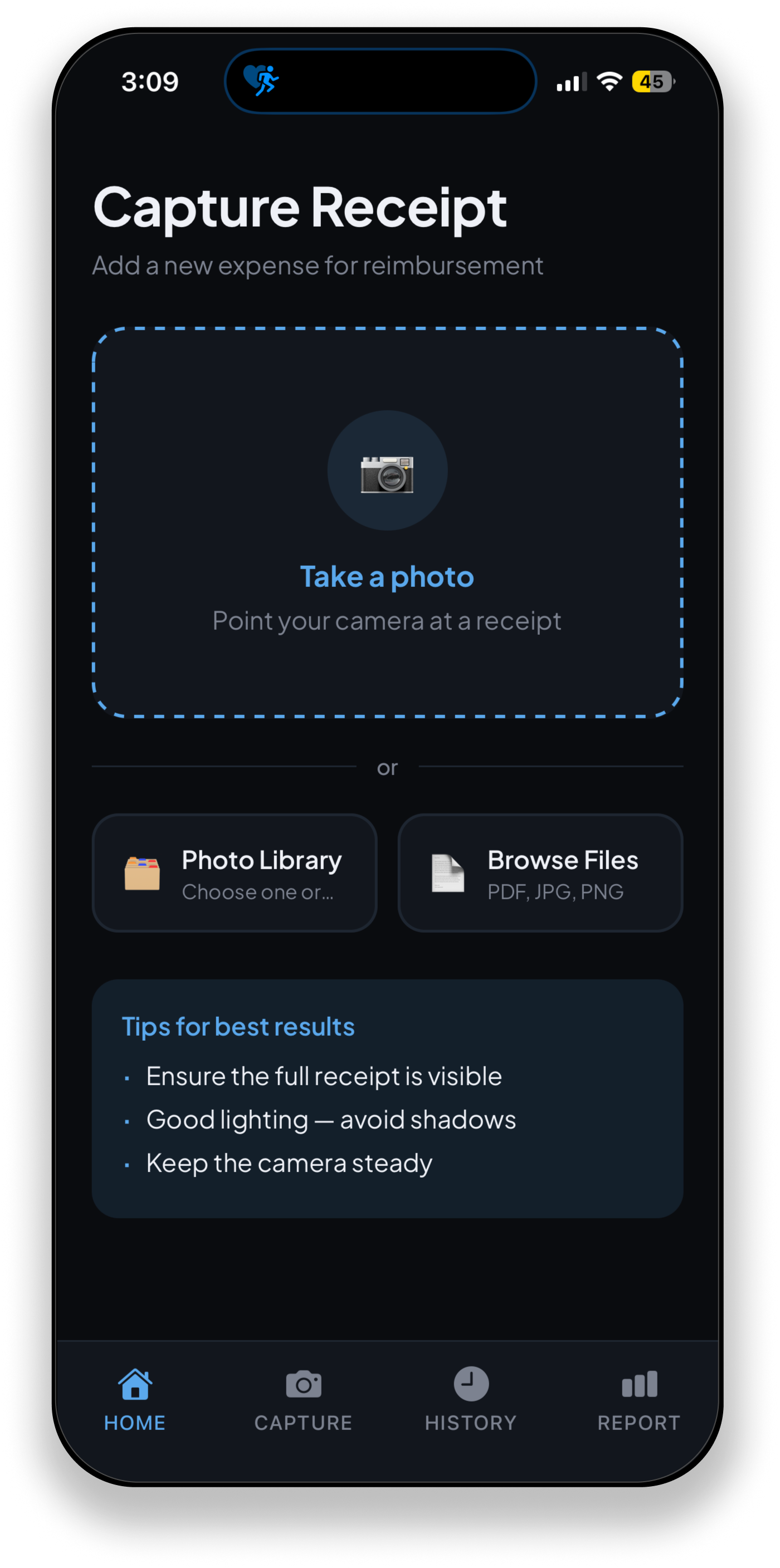Mobile wireframe of receipt capture