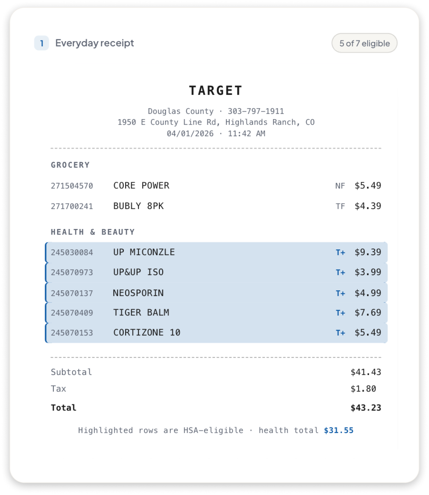 A grocery receipt showing items purchased, their prices, and the total amount paid, including categories for health and beauty products and general groceries.