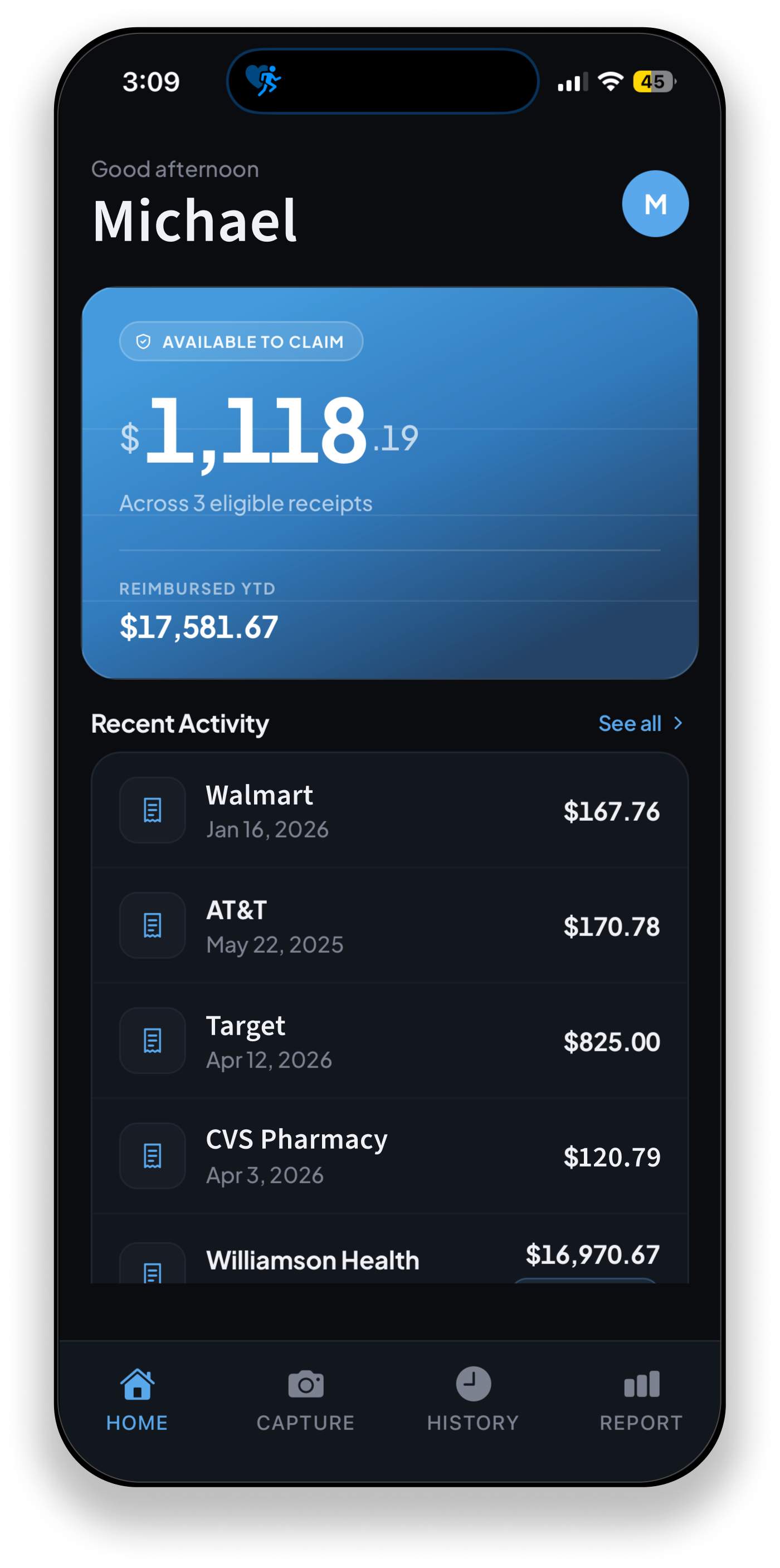 Mobile wireframe of the ReimburseMate app showing reimbursement amount, recent transactions, and navigation tabs.