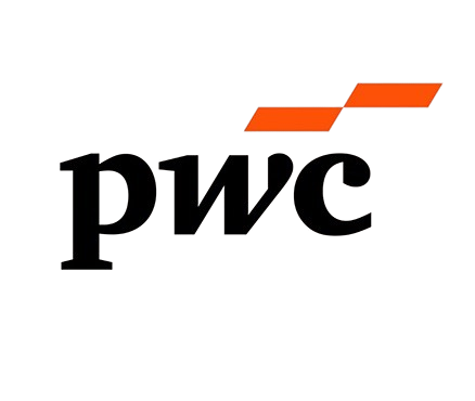 PWC logo with stylized orange and red geometric shapes above the company name.