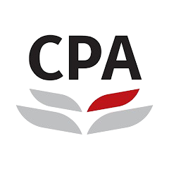 CPA logo with a stylized red and white feather quill and gray book, representing accounting or professional services.
