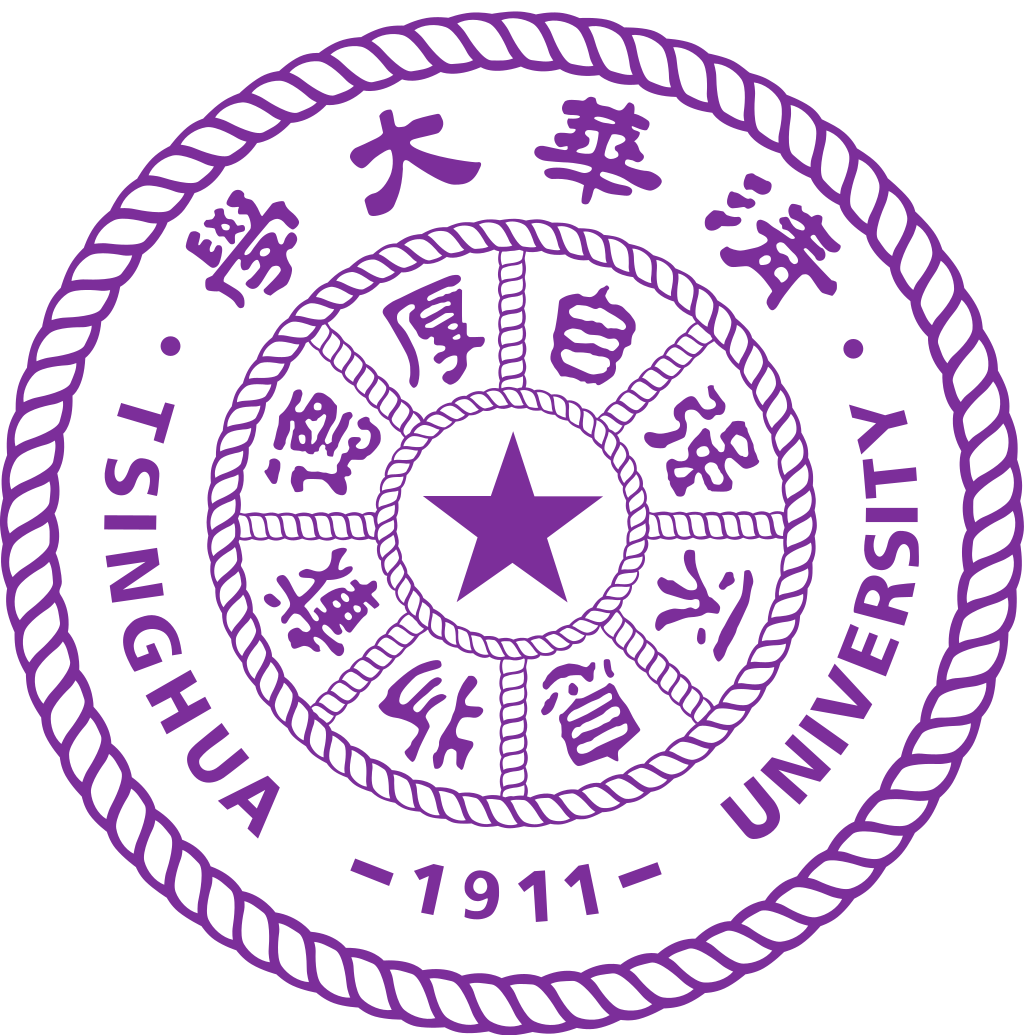 A purple emblem with a star in the center, encircled by Chinese characters and the text 'TSINGHUA UNIVERSITY' and the years '-1911-'. The emblem has a rope-like border.
