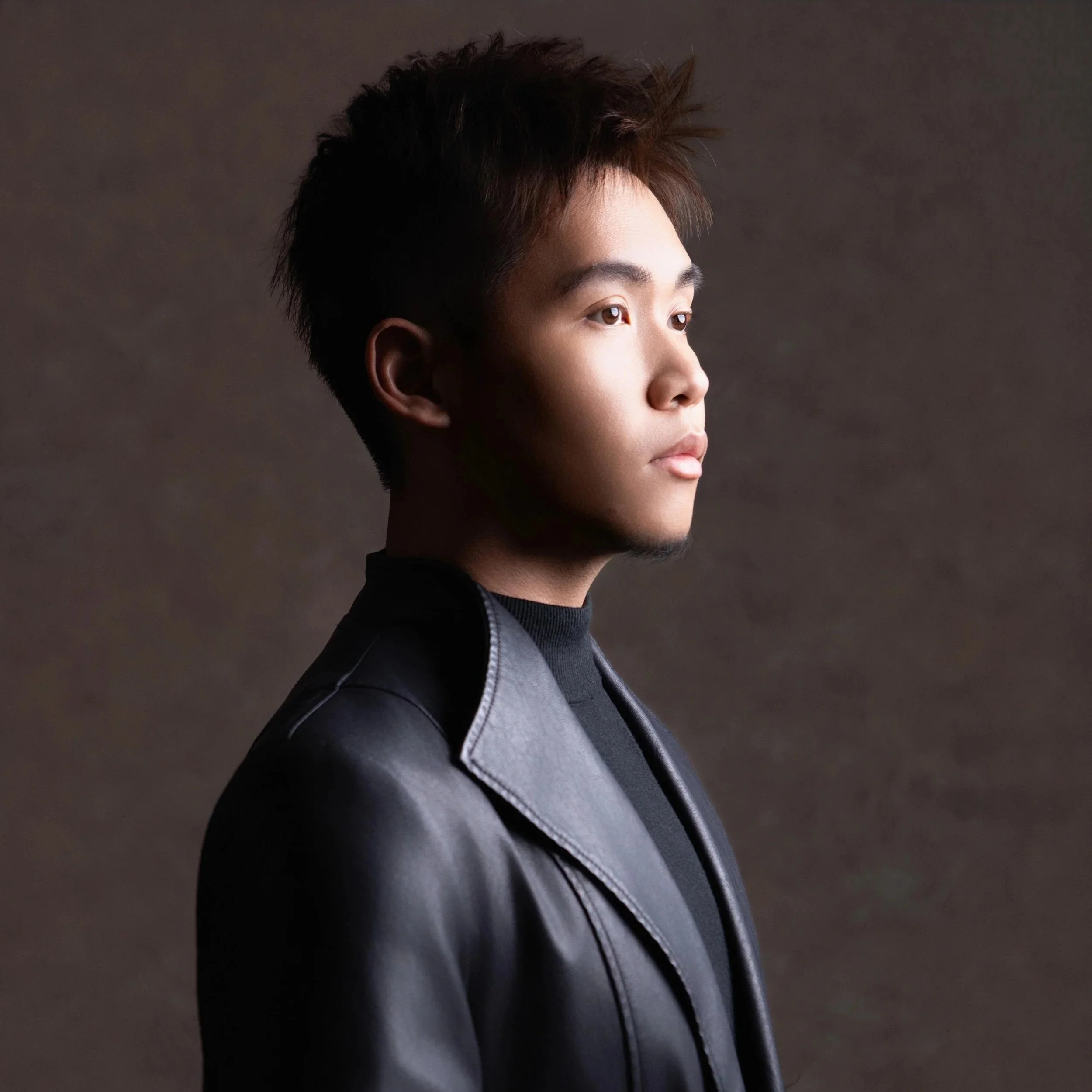 A profile of a person with short, spiky hair, wearing a black and gray jacket, against a dark background.