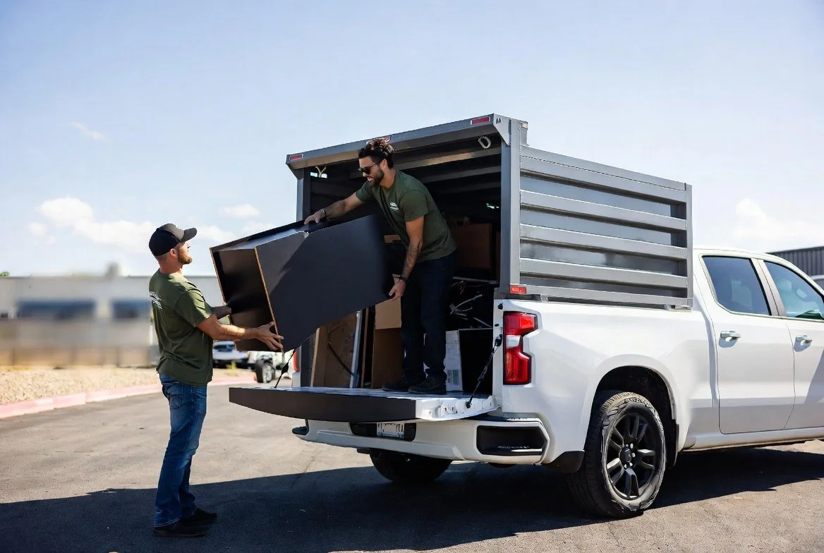 Two men loading furniture into the back of a white pickup truck outdoors on a sunny day.