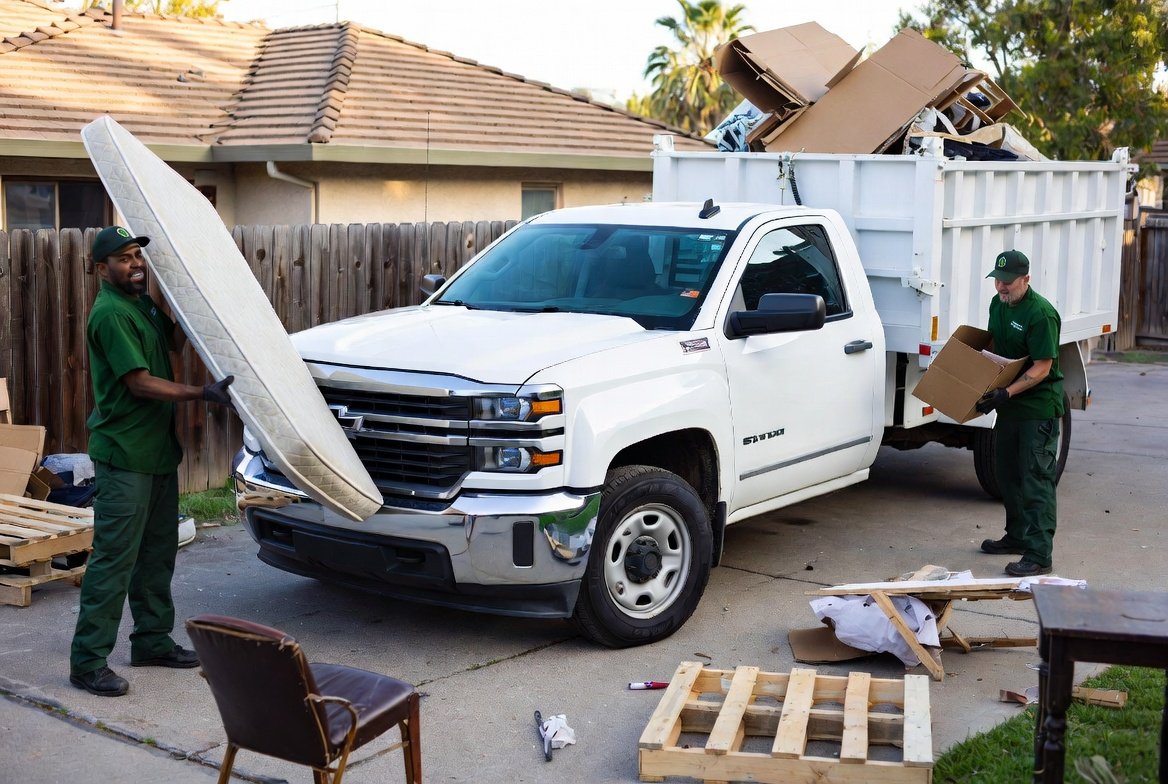 Two men in green uniforms loading cardboard boxes into a white pickup truck with a large pile of cardboard on top. The scene appears to be in a residential driveway during daytime, with furniture and wooden pallets around.