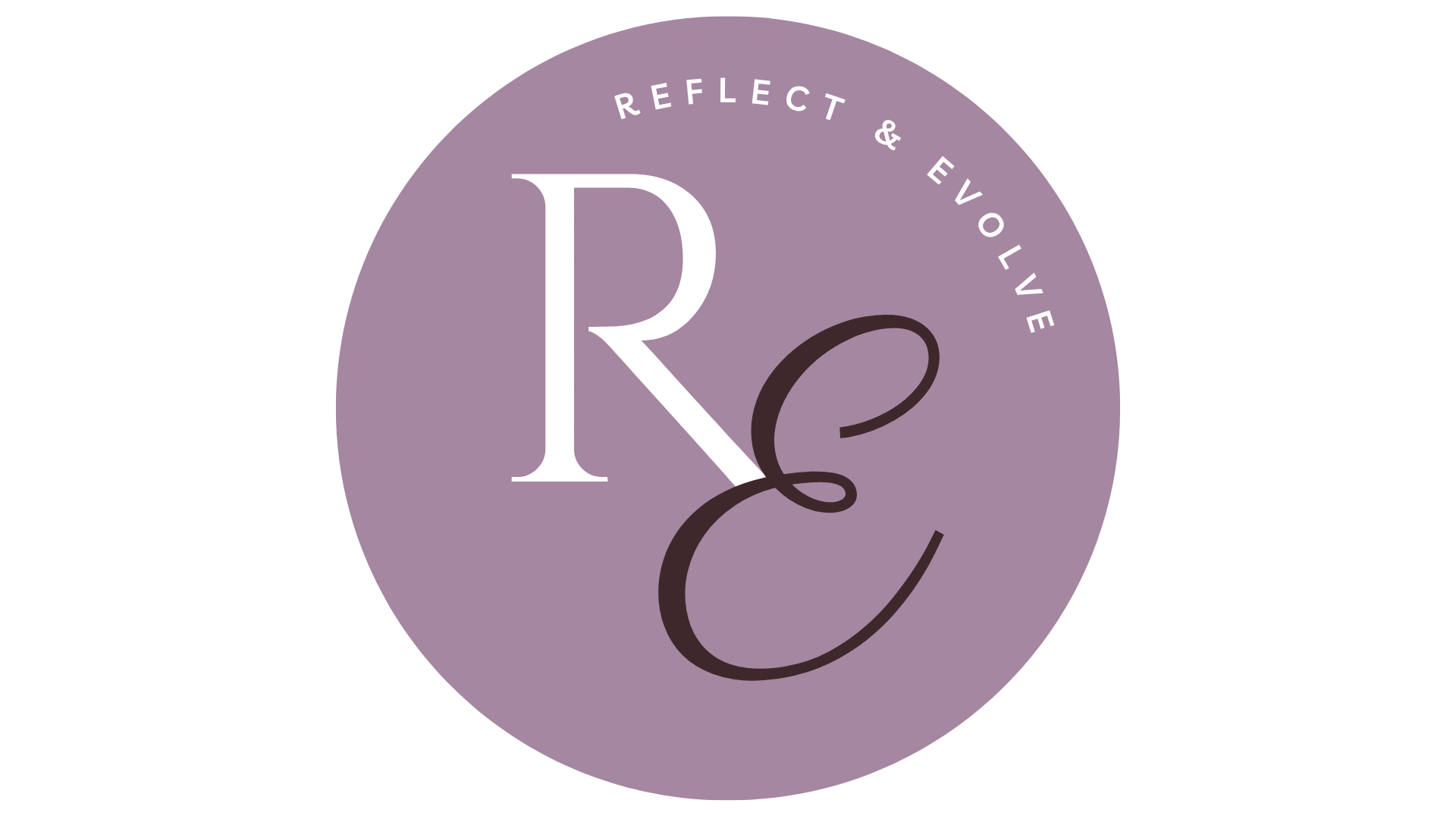 A circular logo with a purple background and white text that says "Reflect & Evolve". The logo features large stylized letters "R" and "E" prominently displayed in the center.