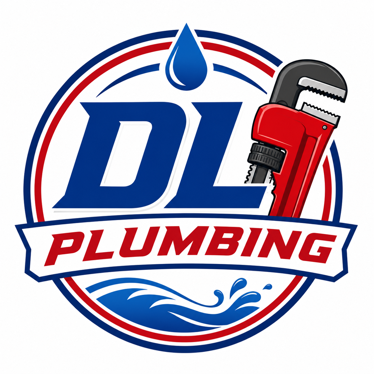 Logo of DL Plumbing featuring water droplet, pipe wrench, and water waves with red, white, and blue color scheme.