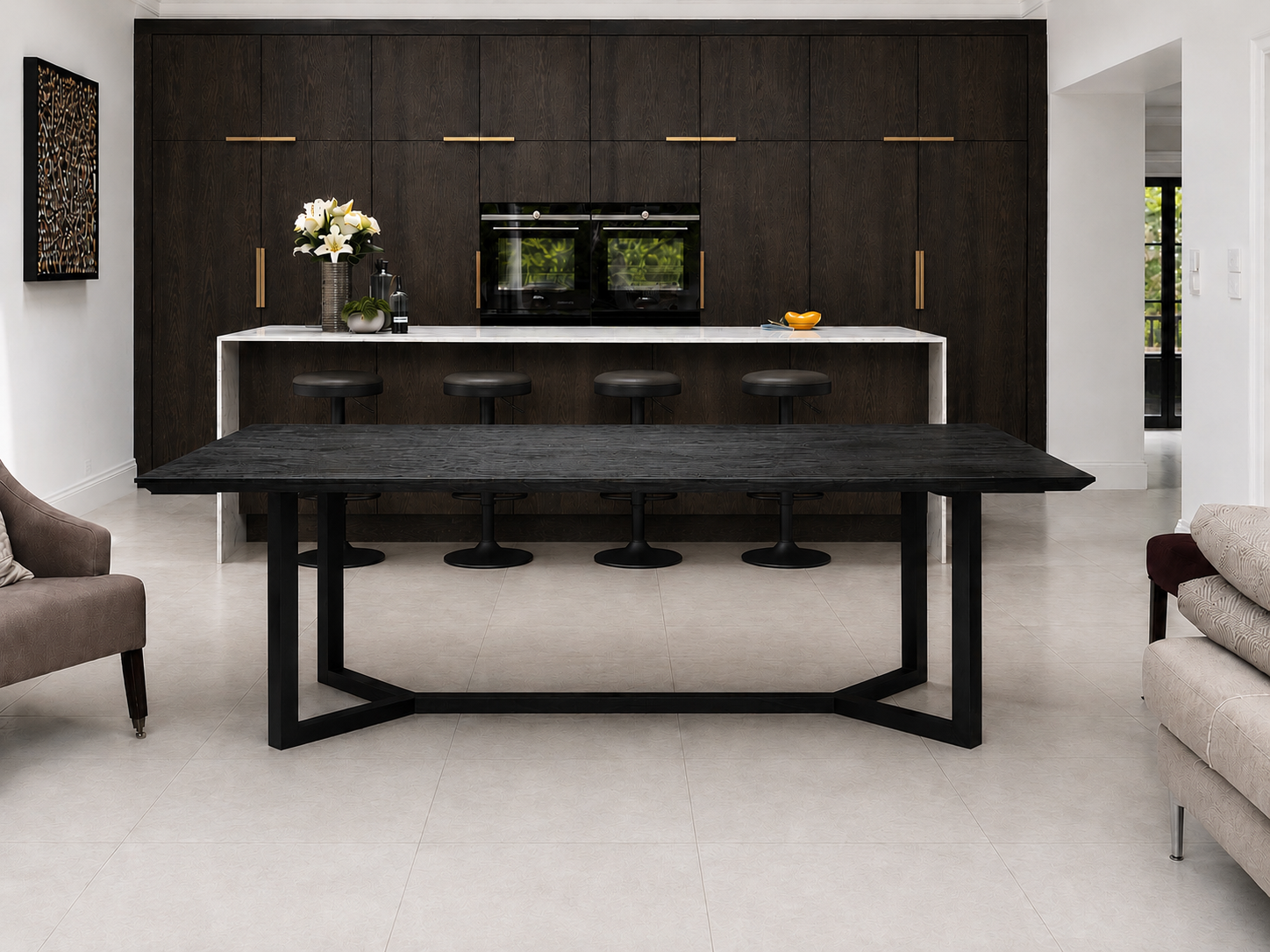 Solid Oak feature dining table, stained black and lacquered for enduring protection in a busy household