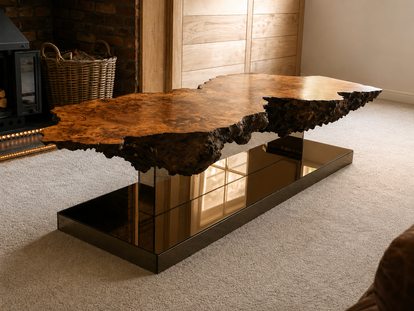 Burr Oak and Antique mirror contemporary Coffee table