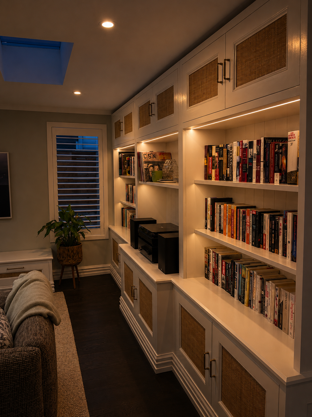 Painted Library with rattan doors and soft lighting