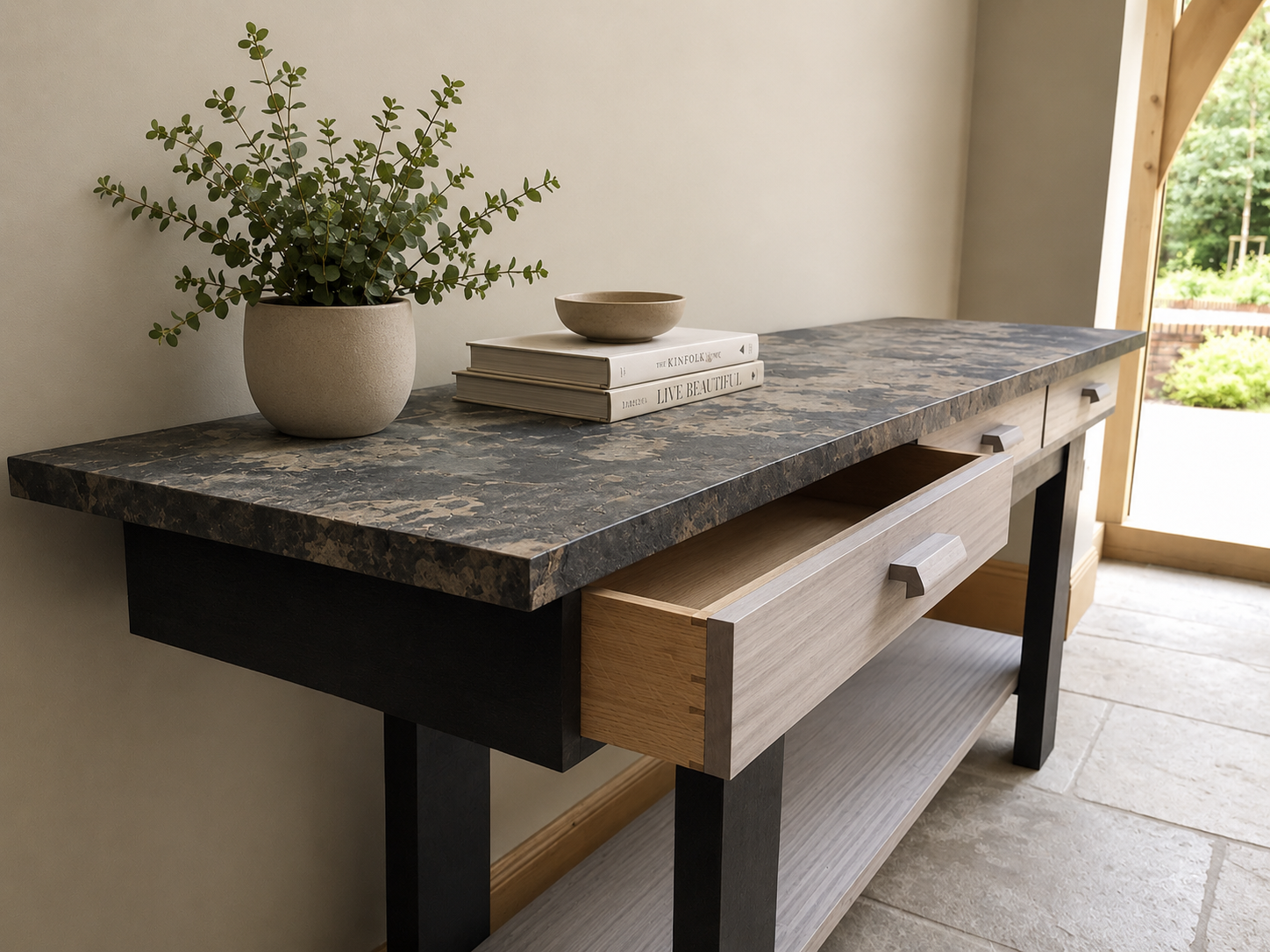 Grey Rippled Sycamore, Silver Eucalyptus, Stone and Oak dovetailed drawers Console Table.