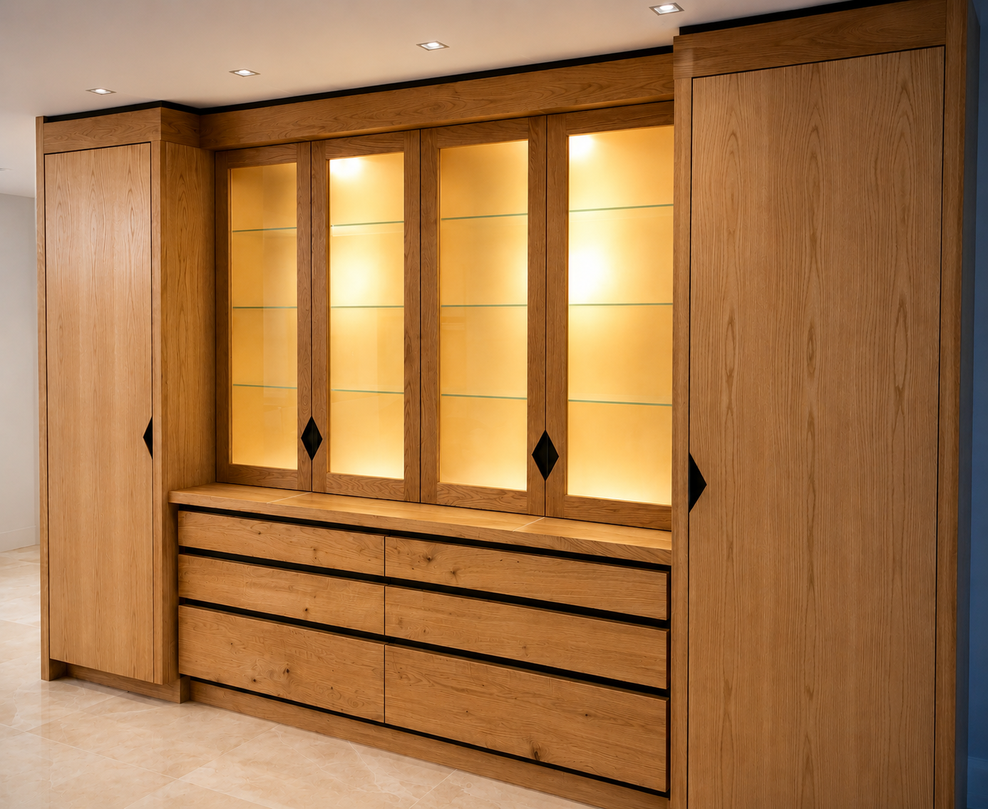 Oak kitchen display cabinet with diamond handle details 2